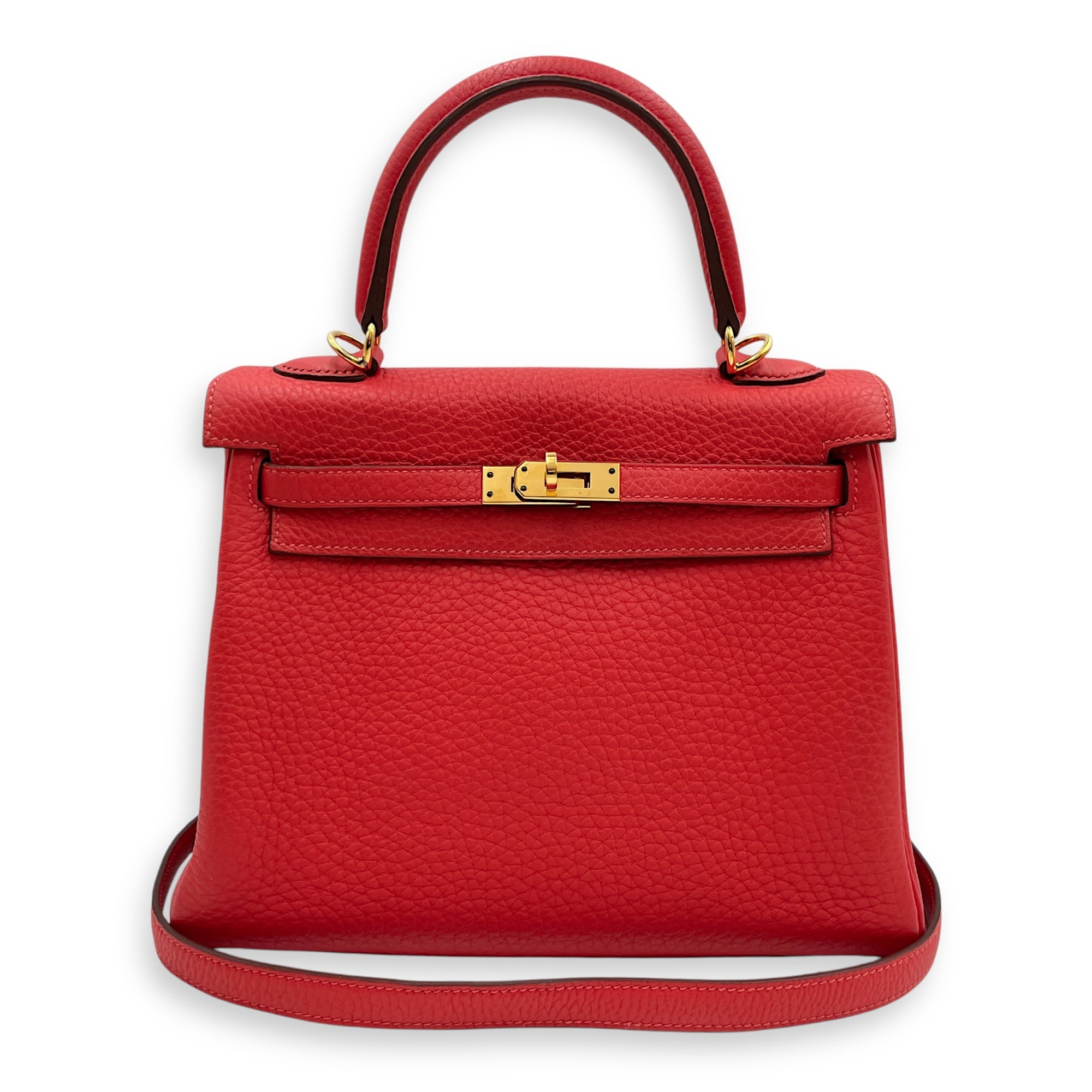 Kelly 25 Rouge Pivoine in Togo, Gold hardware