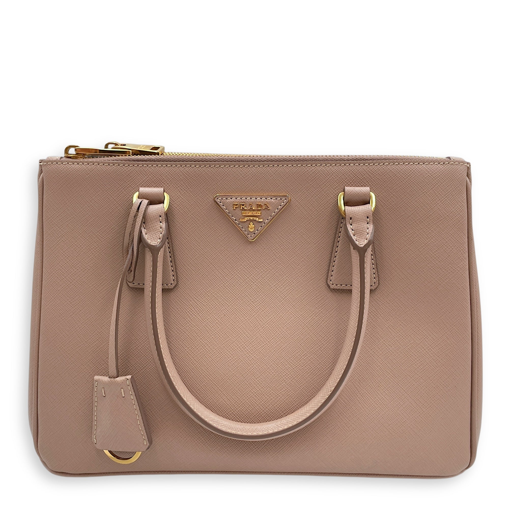 Galleria Medium Beige Top Handle Bag in Saffiano Leather, Gold hardware