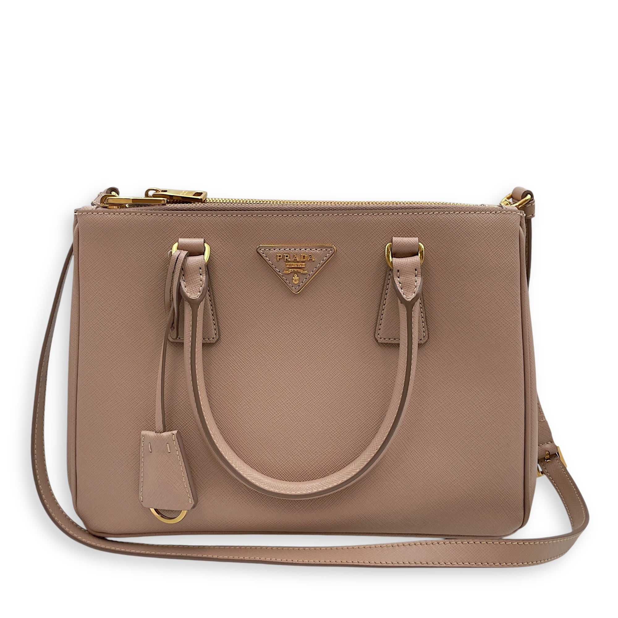 Galleria Medium Beige Top Handle Bag in Saffiano Leather, Gold hardware
