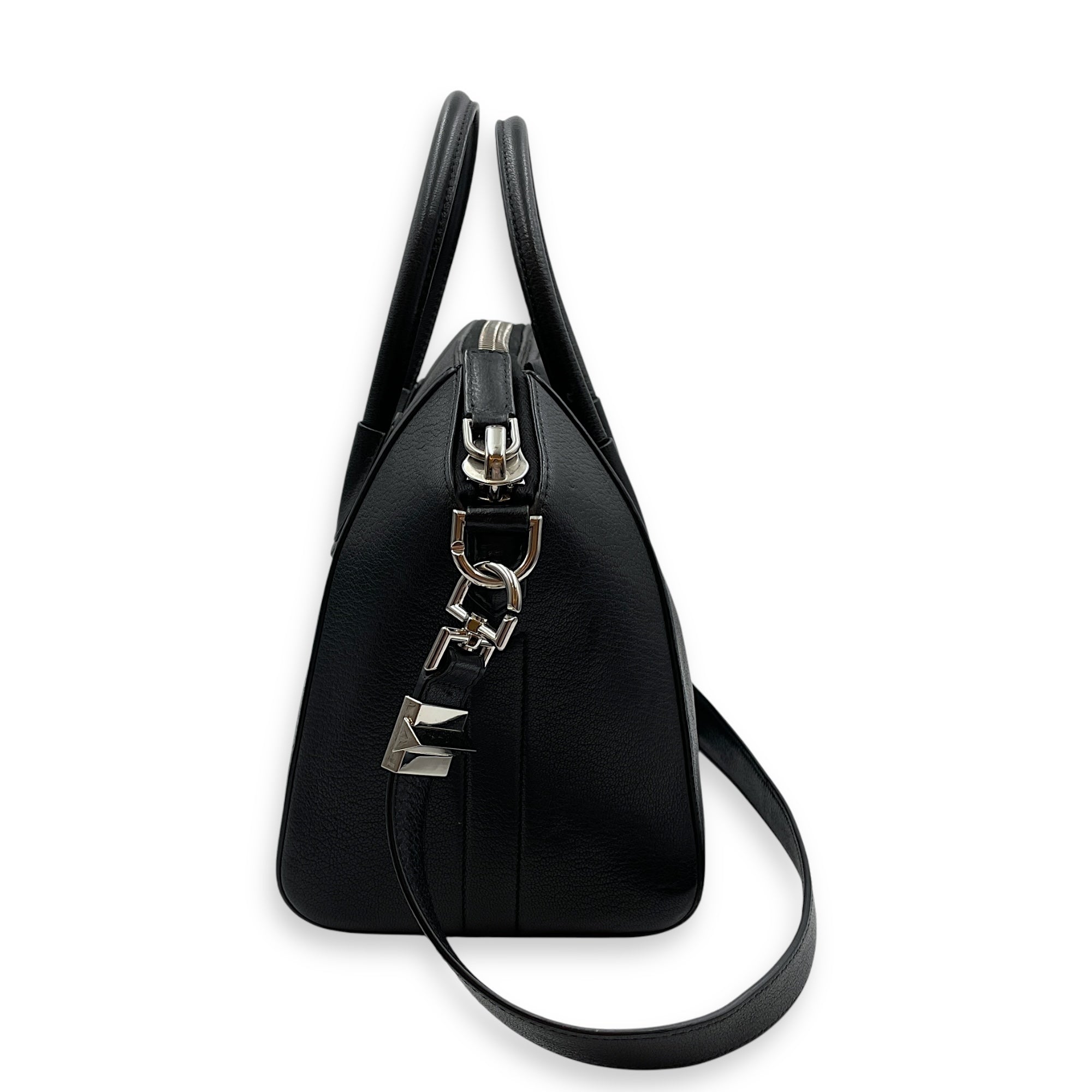 Antigona Small Black Top Handle Bag in Calfskin, Silver hardware