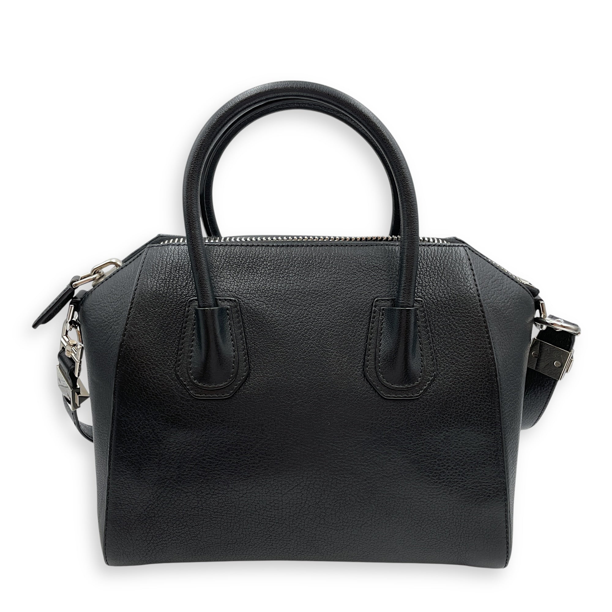 Antigona Small Black Top Handle Bag in Calfskin, Silver hardware