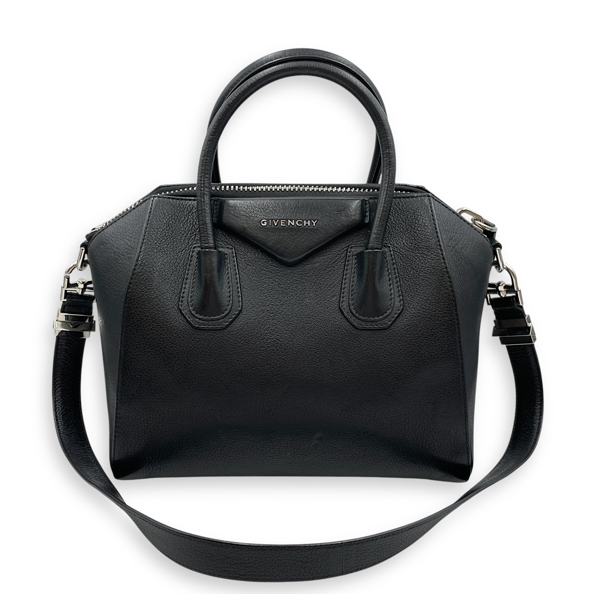 Antigona Small Black Top Handle Bag in Calfskin, Silver hardware