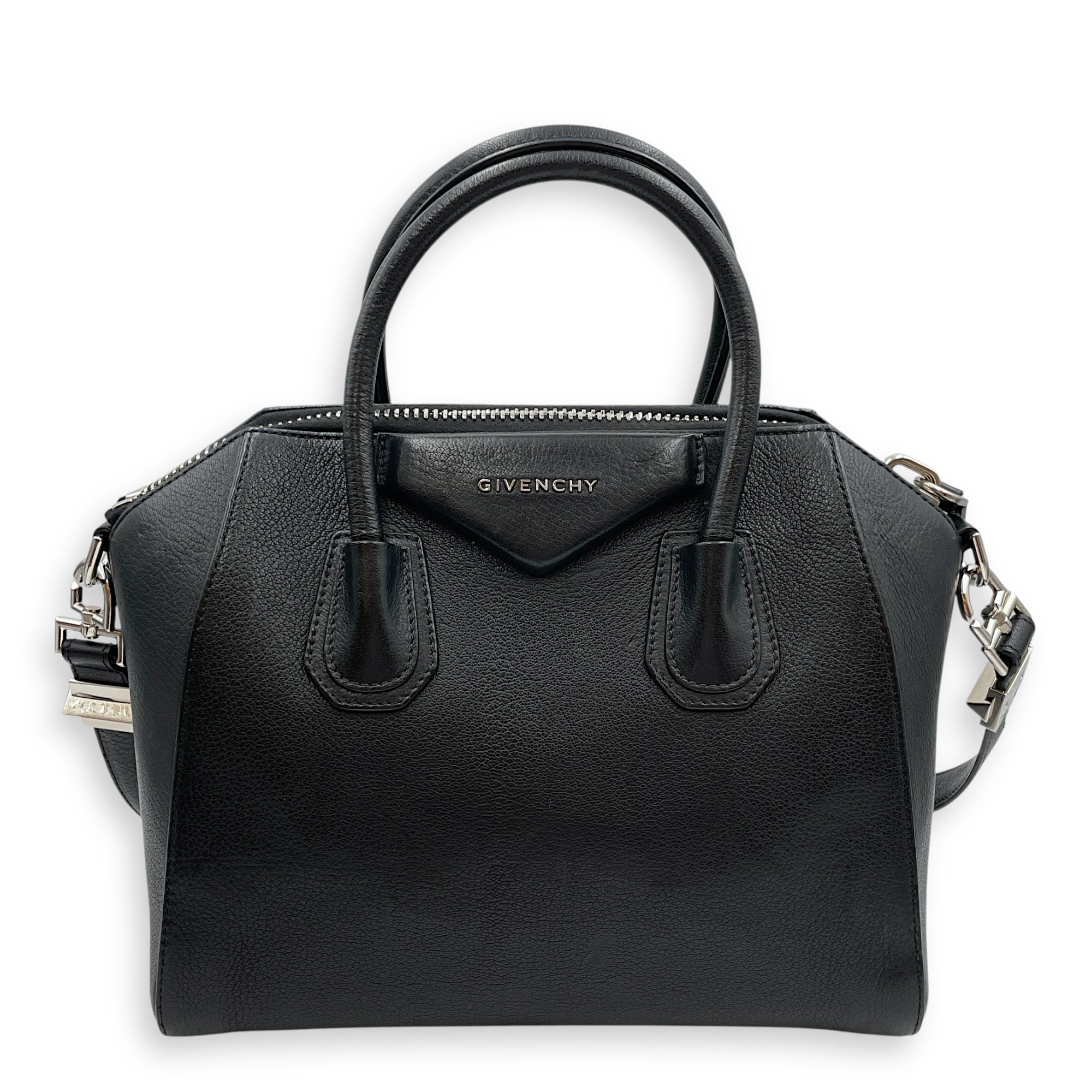 Antigona Small Black Top Handle Bag in Calfskin, Silver hardware
