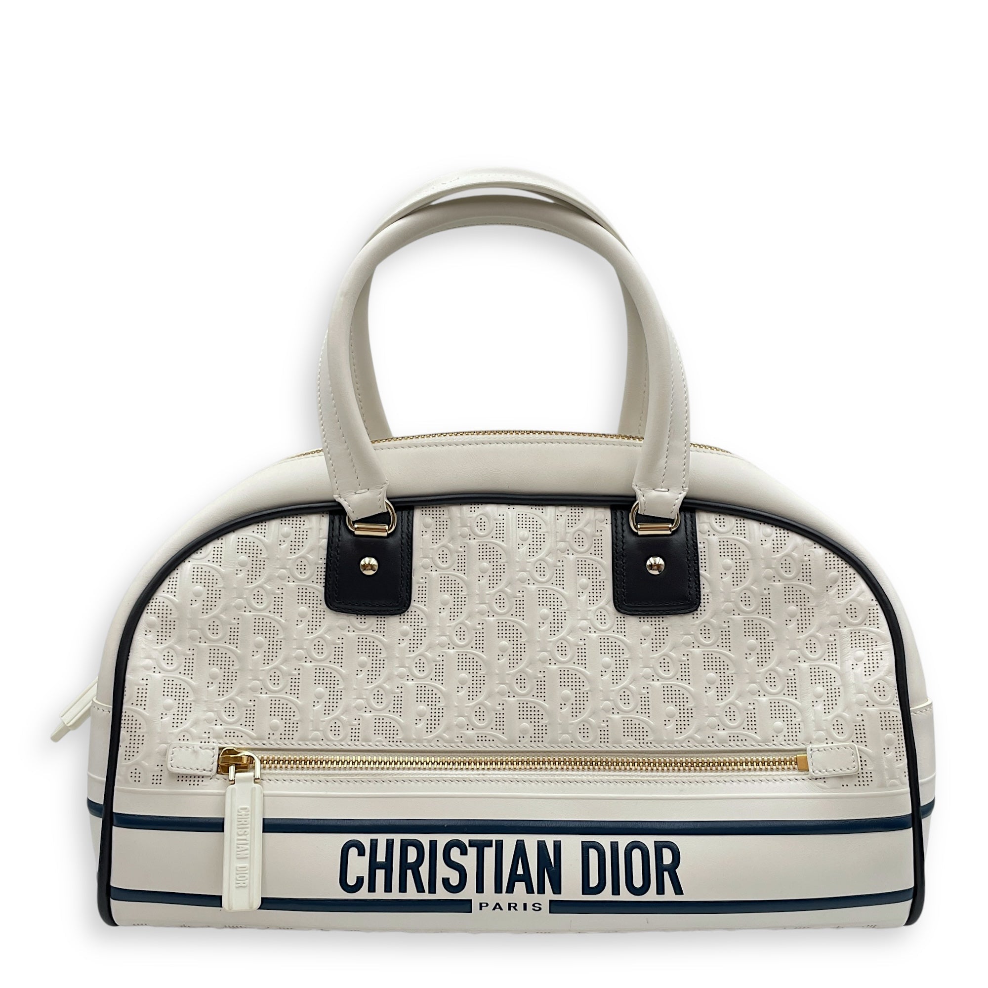 Vibe Zip Perforated White/Blue Shoulder Bag in Calfskin, Gold hardware