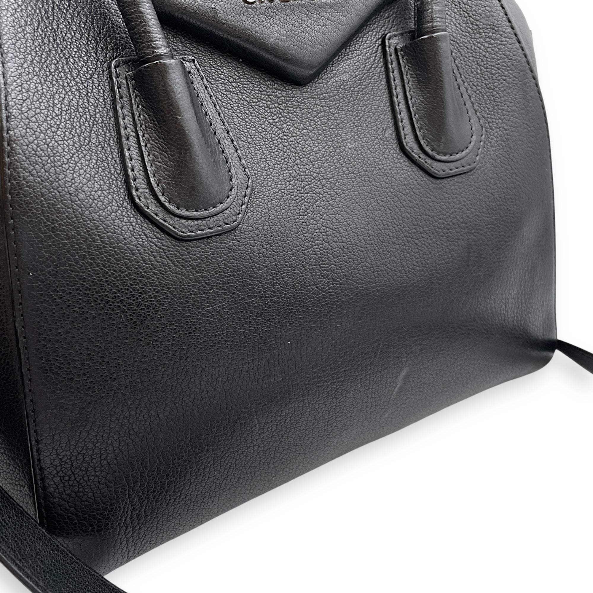 Antigona Small Black Top Handle Bag in Calfskin, Silver hardware