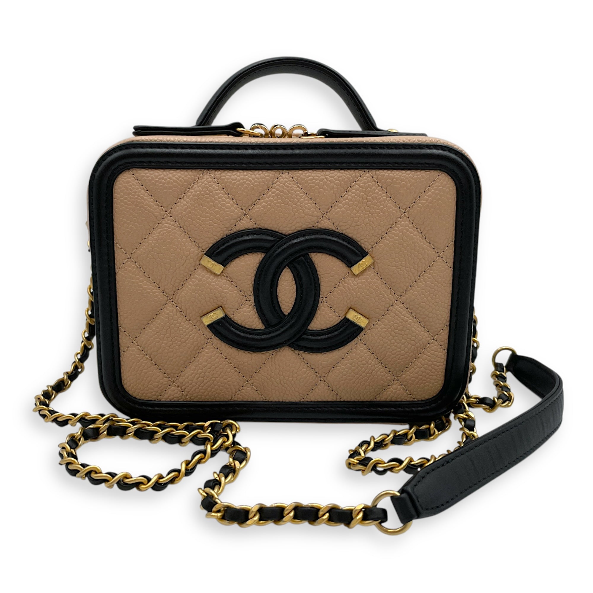 CC Filigree Beige/Black Crossbody Bag in Caviar Leather, Gold hardware
