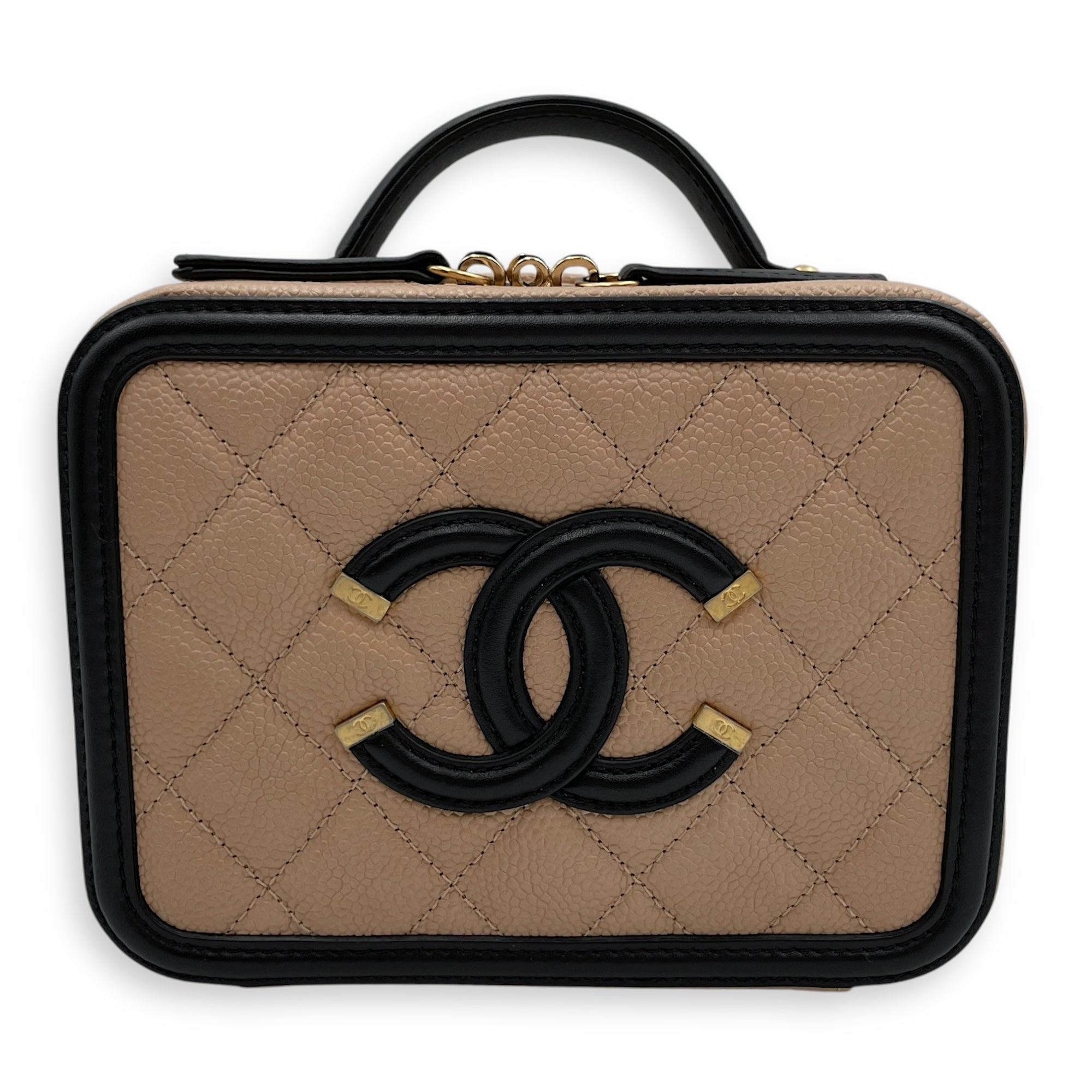 CC Filigree Beige/Black Crossbody Bag in Caviar Leather, Gold hardware