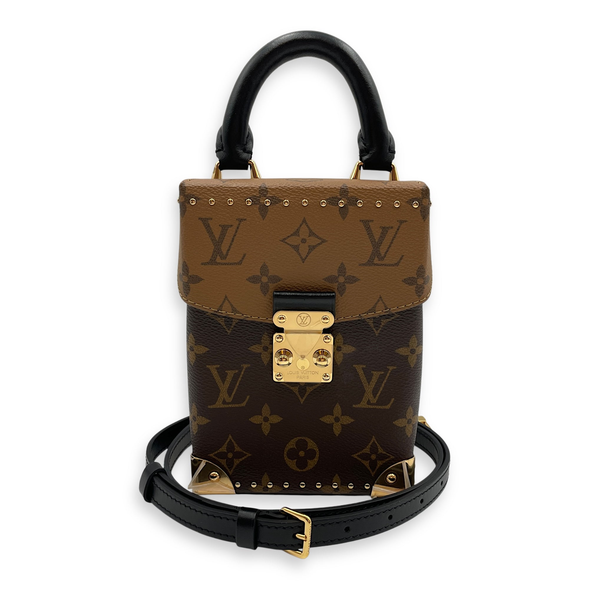 Camera Box Reverse Monogram Brown Crossbody Bag in Coated Canvas, Gold hardware