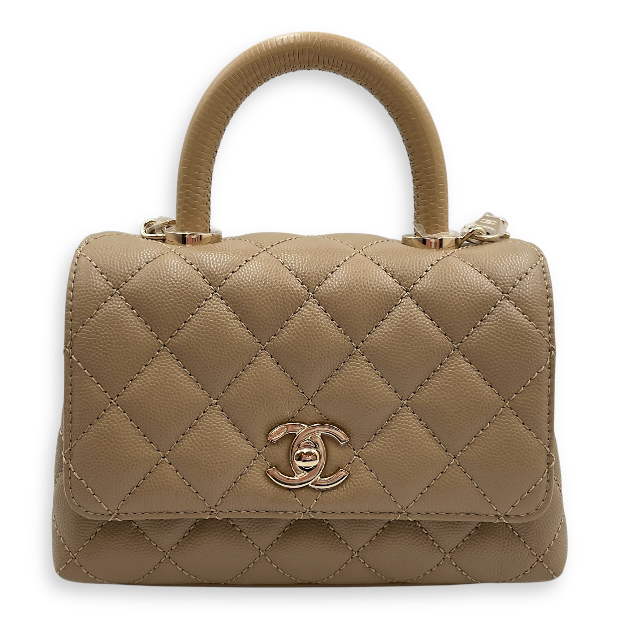 Quilted Coco Small Beige Top Handle Bag in Caviar Leather, Gold hardware