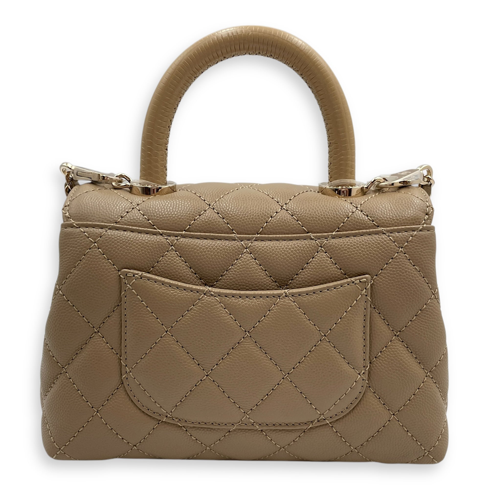 Quilted Coco Small Beige Top Handle Bag in Caviar Leather, Gold hardware
