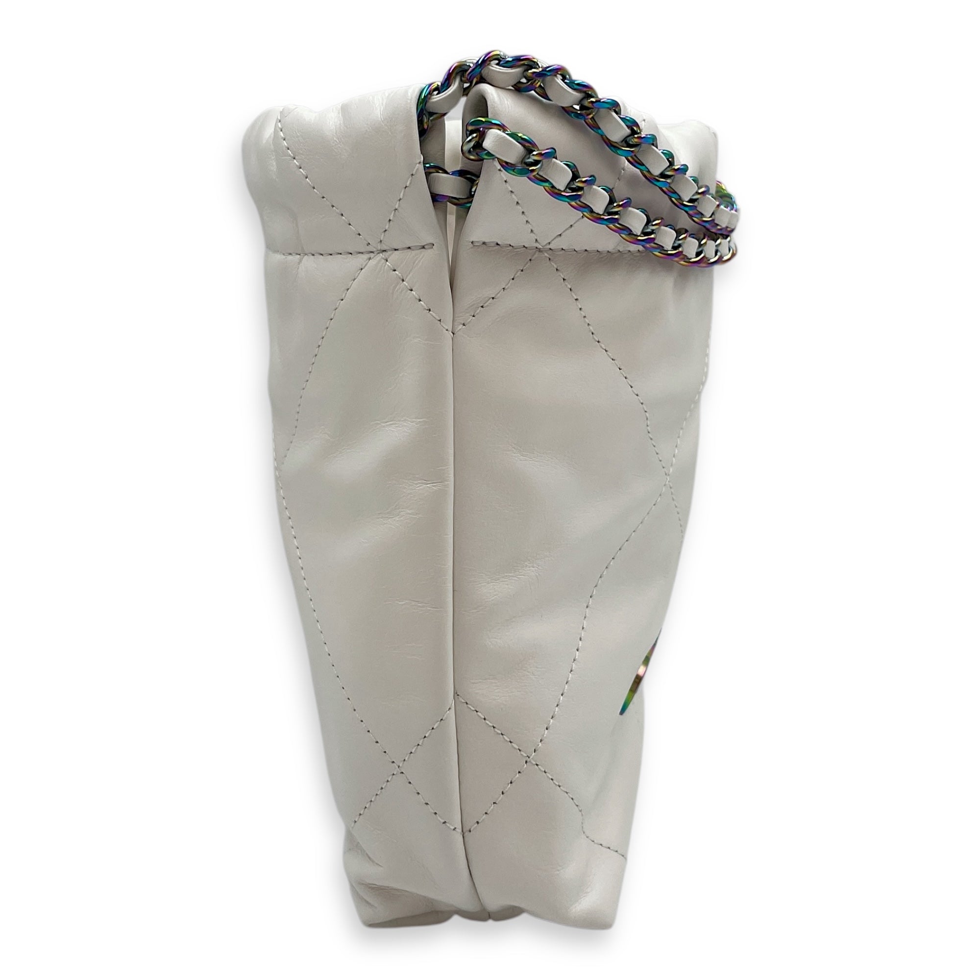 22 Mini White Tote Bag in Calfskin, Rainbow hardware