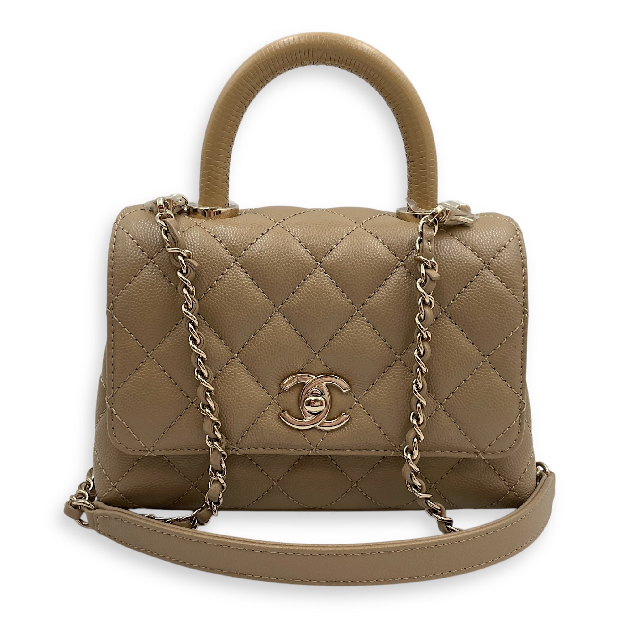 Quilted Coco Small Beige Top Handle Bag in Caviar Leather, Gold hardware