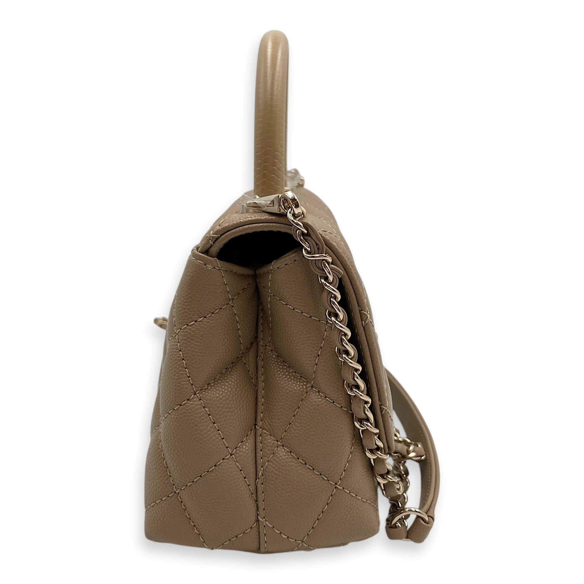 Quilted Coco Small Beige Top Handle Bag in Caviar Leather, Gold hardware