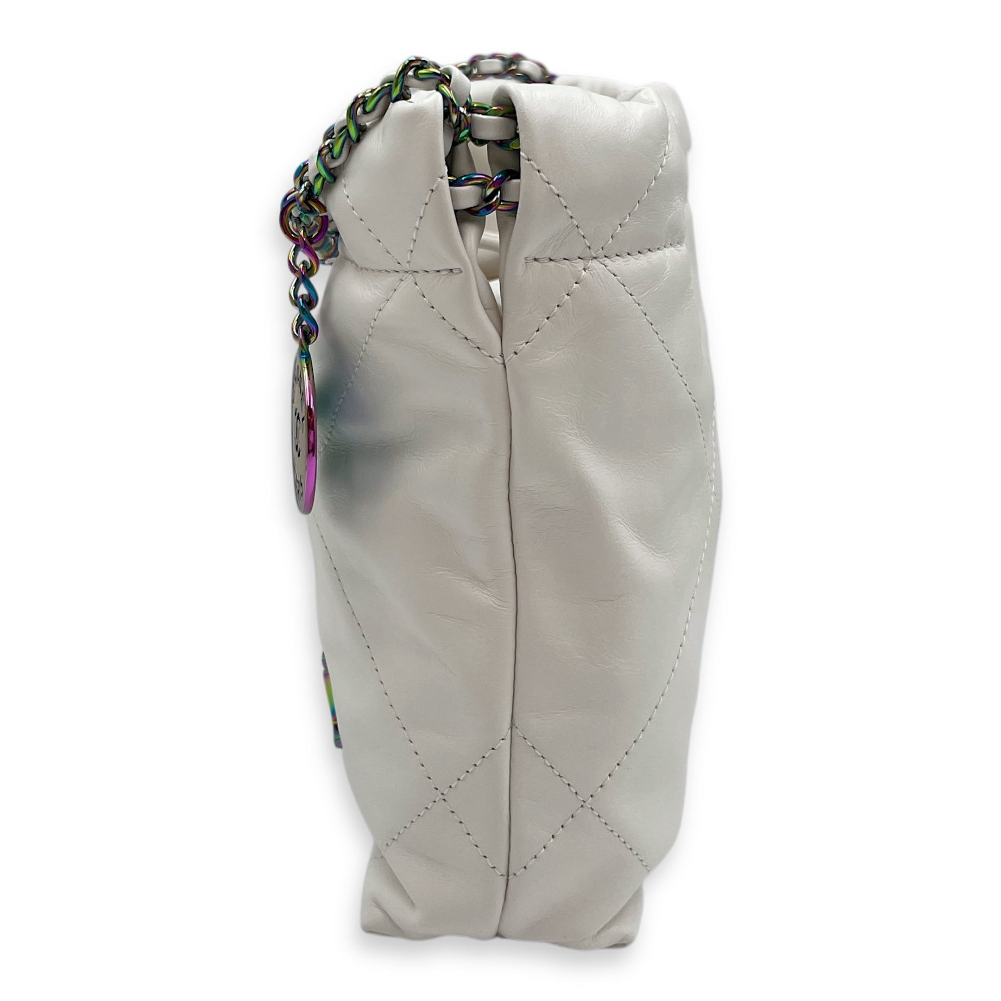 22 Mini White Tote Bag in Calfskin, Rainbow hardware