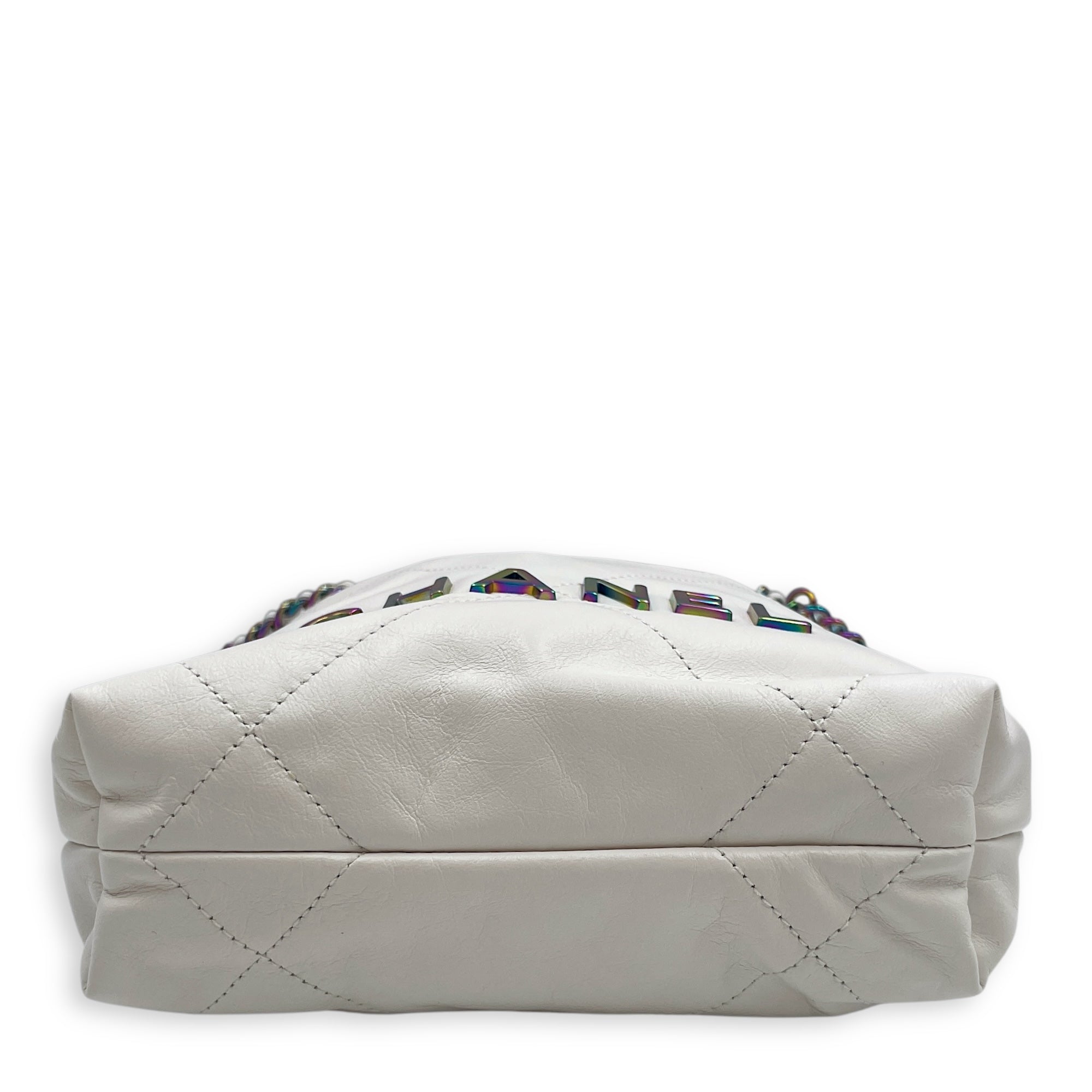 22 Mini White Tote Bag in Calfskin, Rainbow hardware