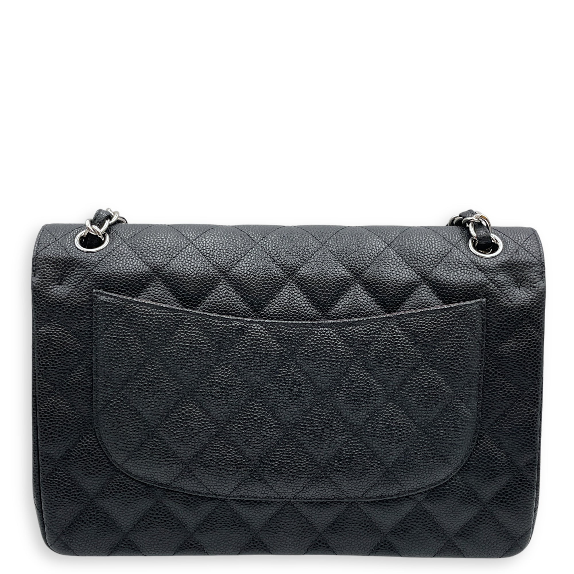 Classic Jumbo Black Shoulder Bag in Caviar Leather, Silver hardware