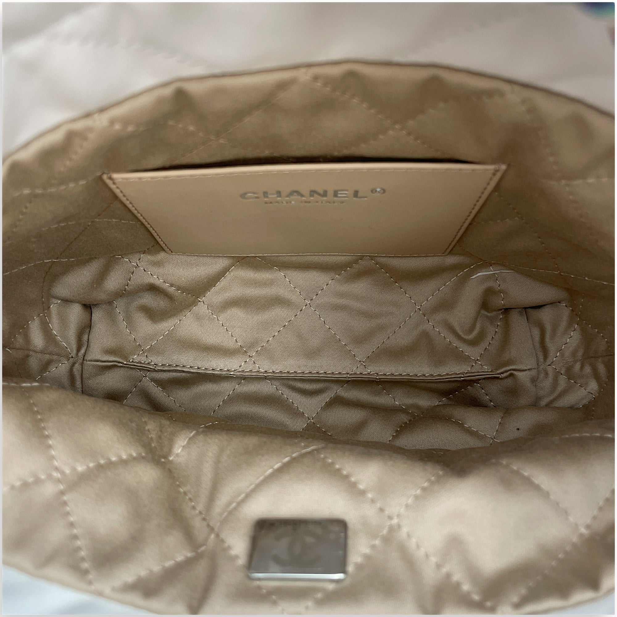 22 Mini White Tote Bag in Calfskin, Rainbow hardware