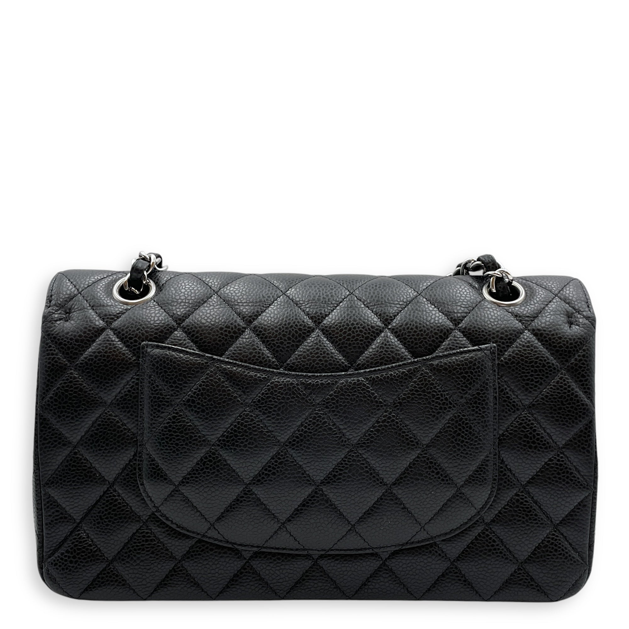 Classic Medium Black Shoulder Bag in Caviar Leather, Silver hardware