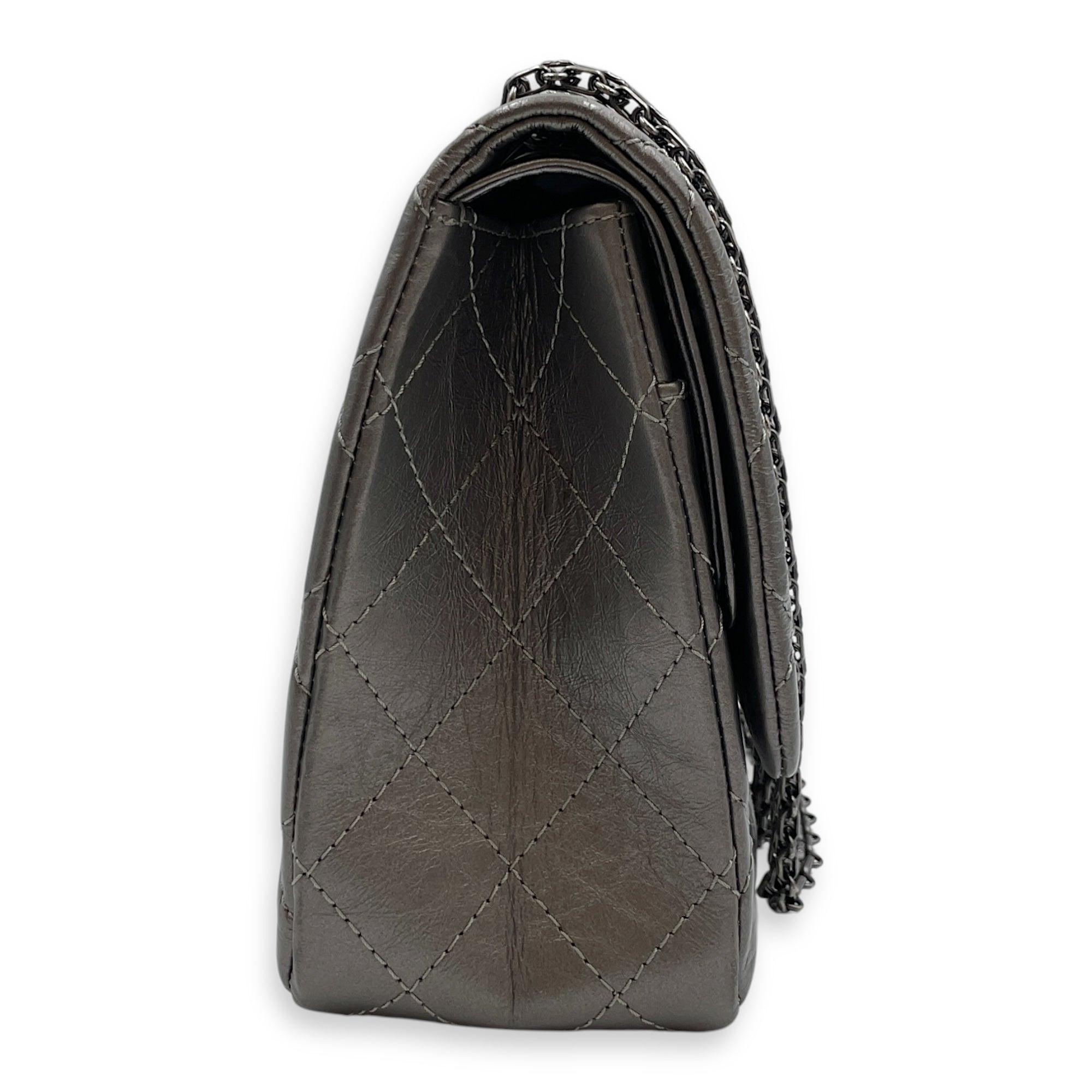 2.55 Reissue Silver Shoulder Bag in Distressed Leather, Ruthenium hardware
