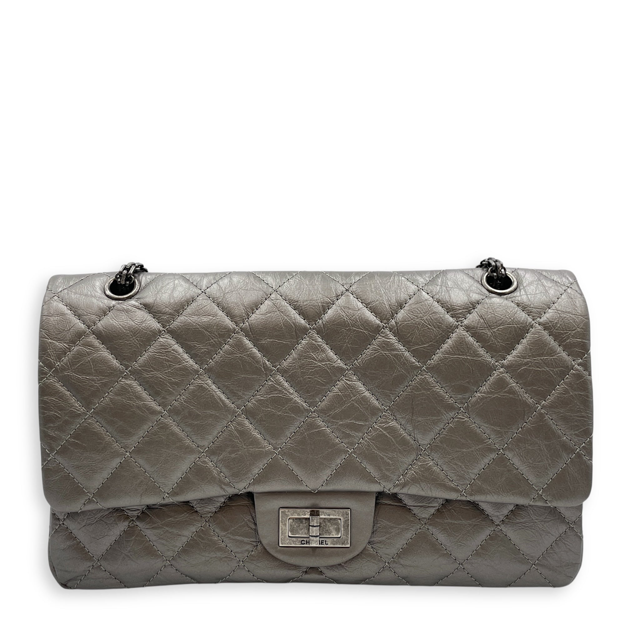 2.55 Reissue Silver Shoulder Bag in Distressed Leather, Ruthenium hardware
