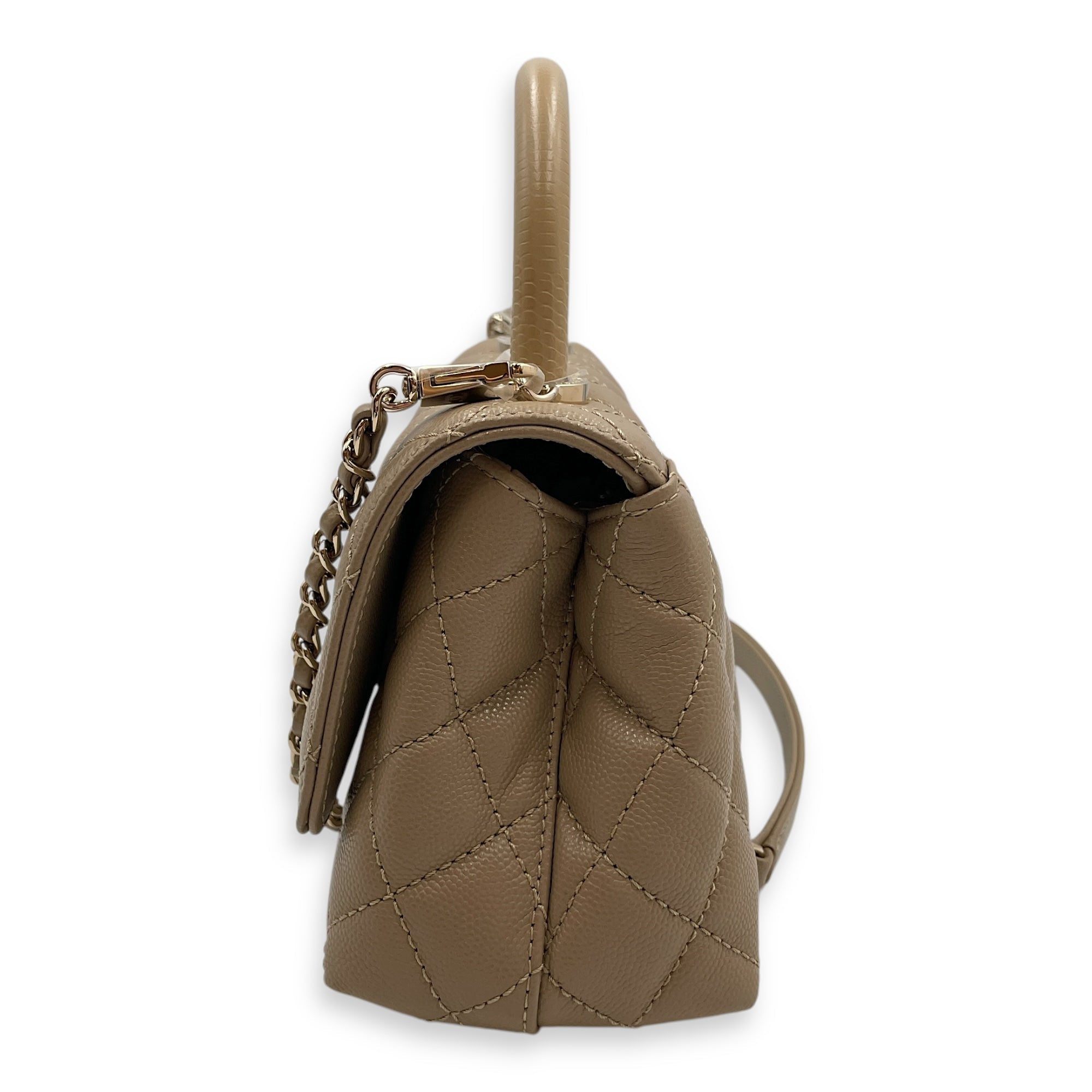 Quilted Coco Small Beige Top Handle Bag in Caviar Leather, Gold hardware
