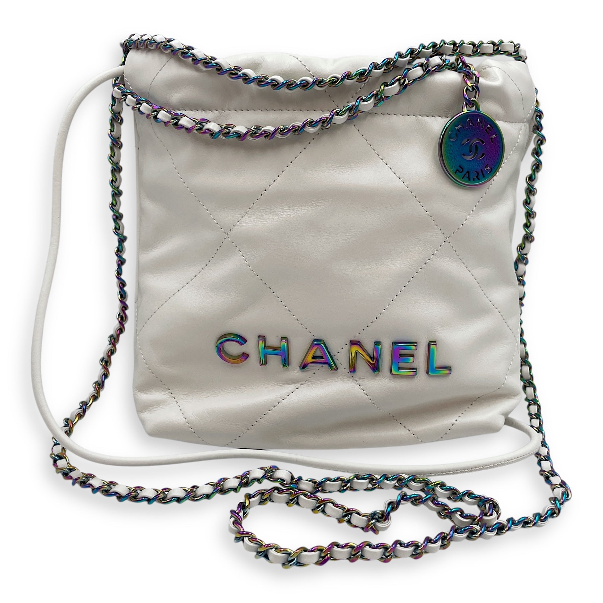 22 Mini White Tote Bag in Calfskin, Rainbow hardware