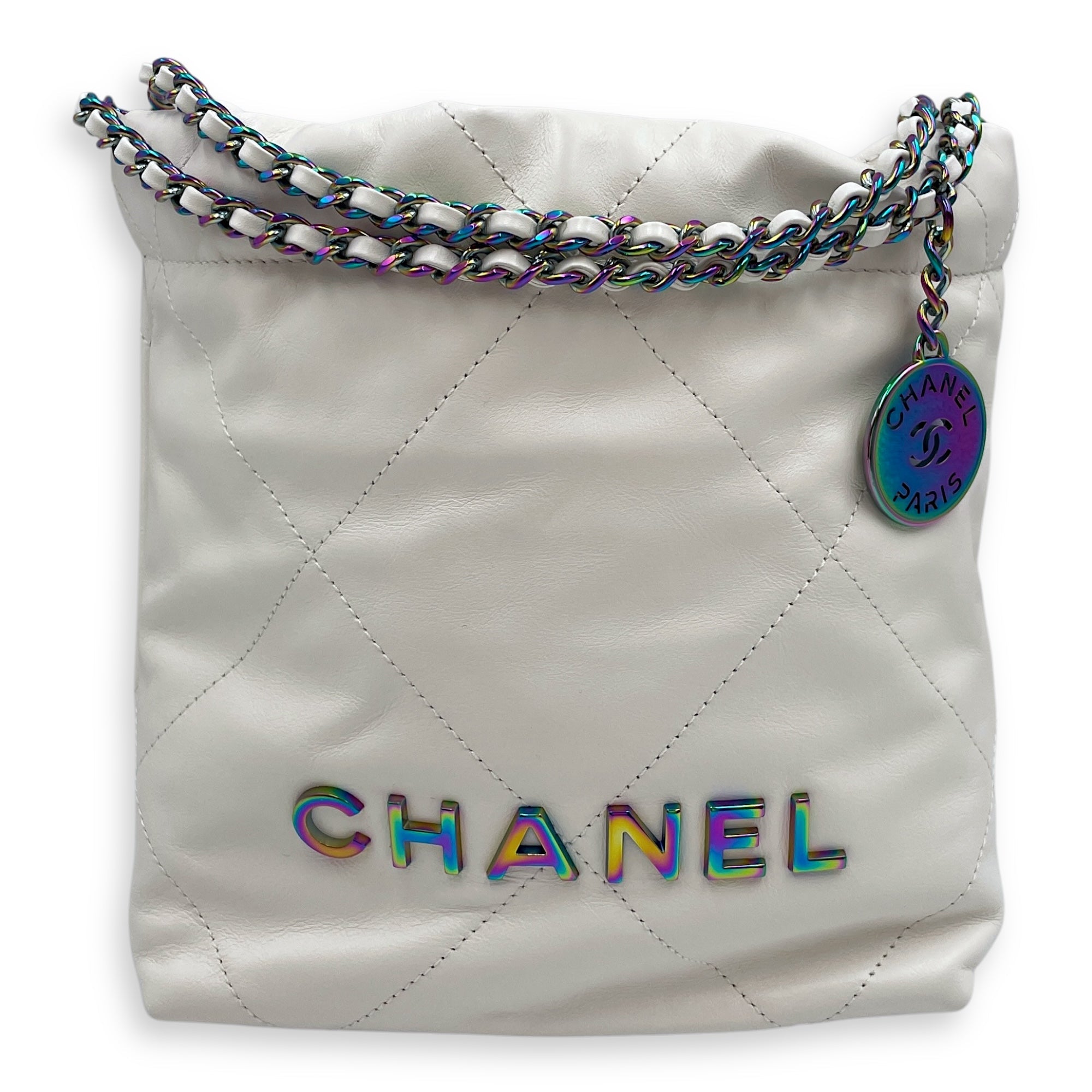 22 Mini White Tote Bag in Calfskin, Rainbow hardware