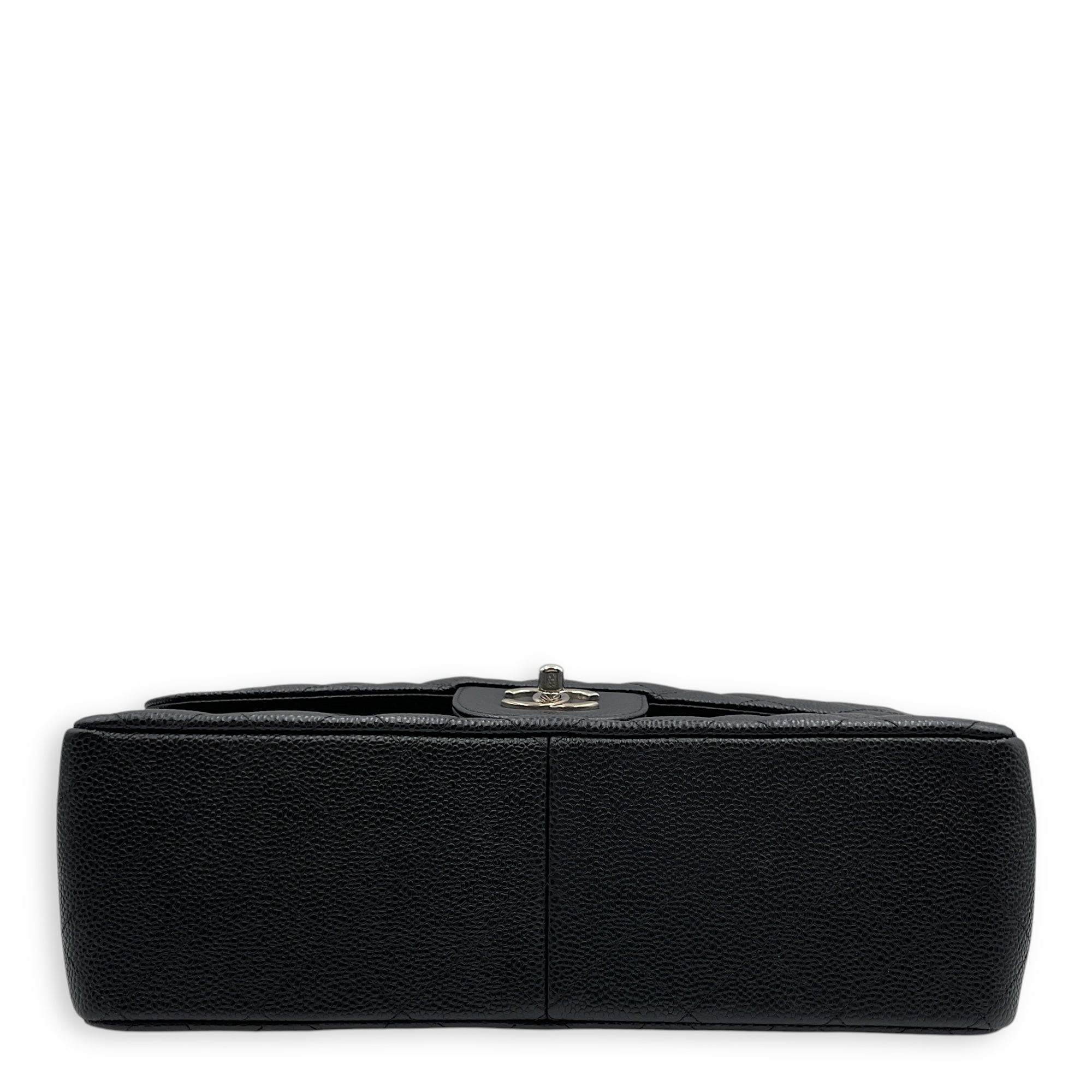 Classic Jumbo Black Shoulder Bag in Caviar Leather, Silver hardware