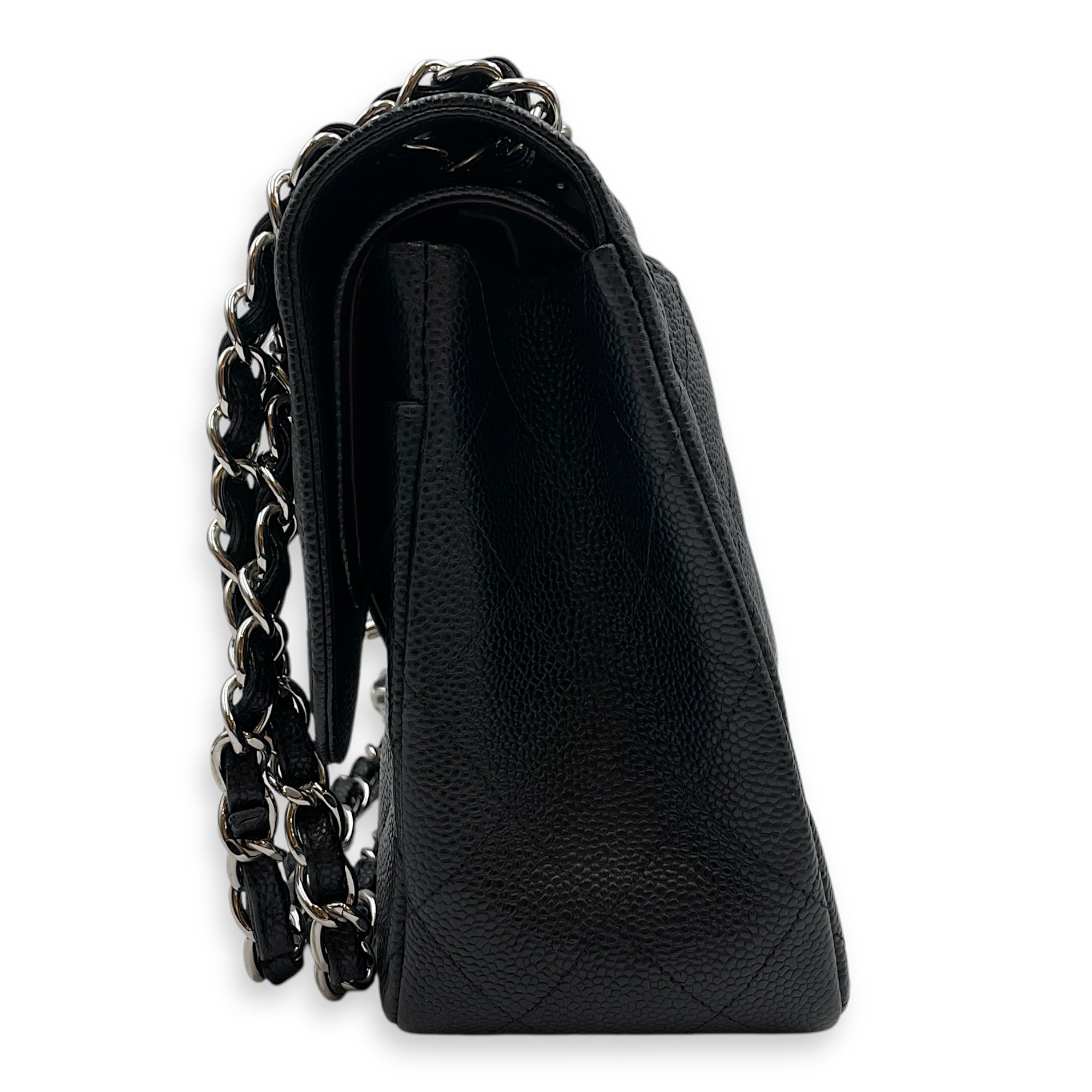 Classic Jumbo Black Shoulder Bag in Caviar Leather, Silver hardware