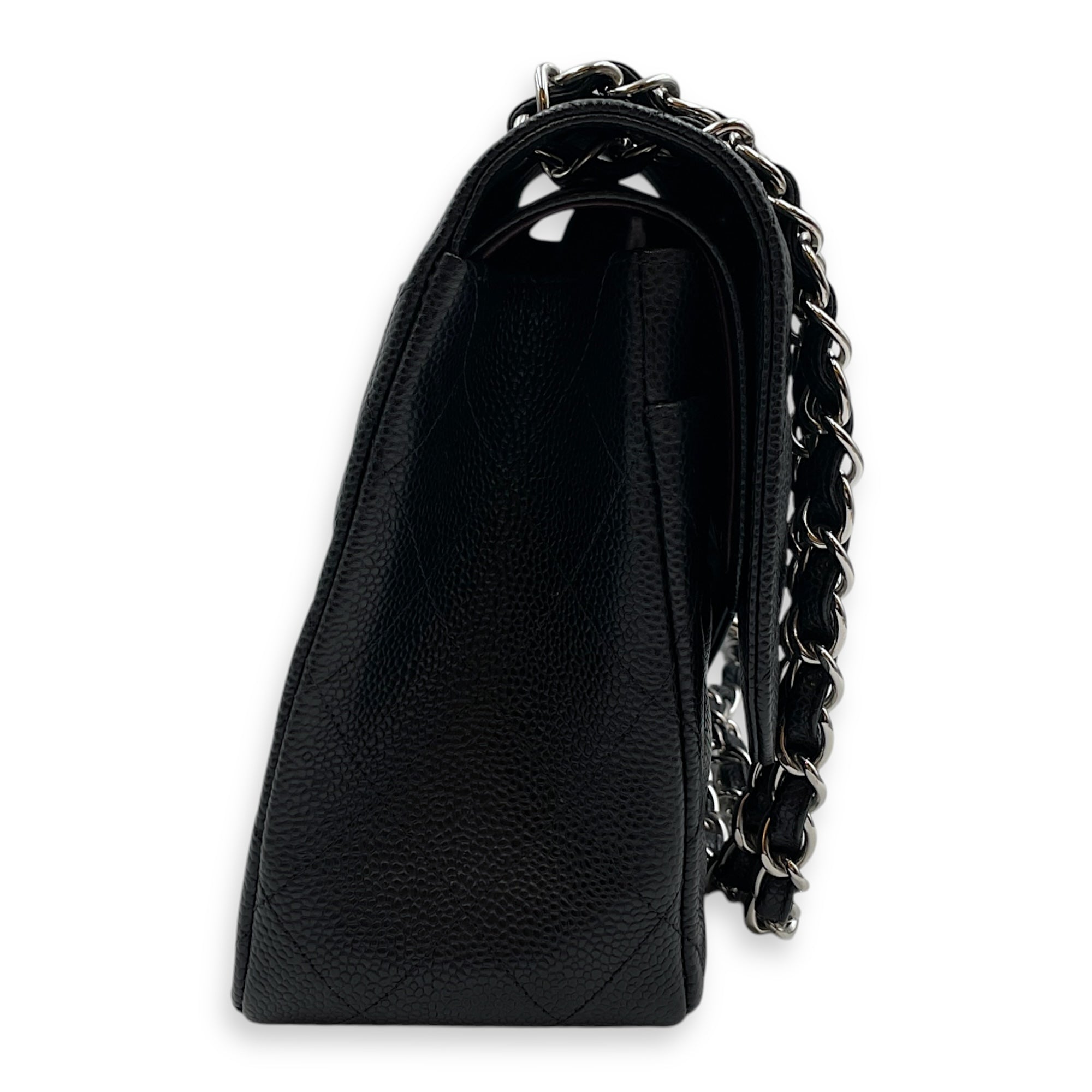 Classic Jumbo Black Shoulder Bag in Caviar Leather, Silver hardware