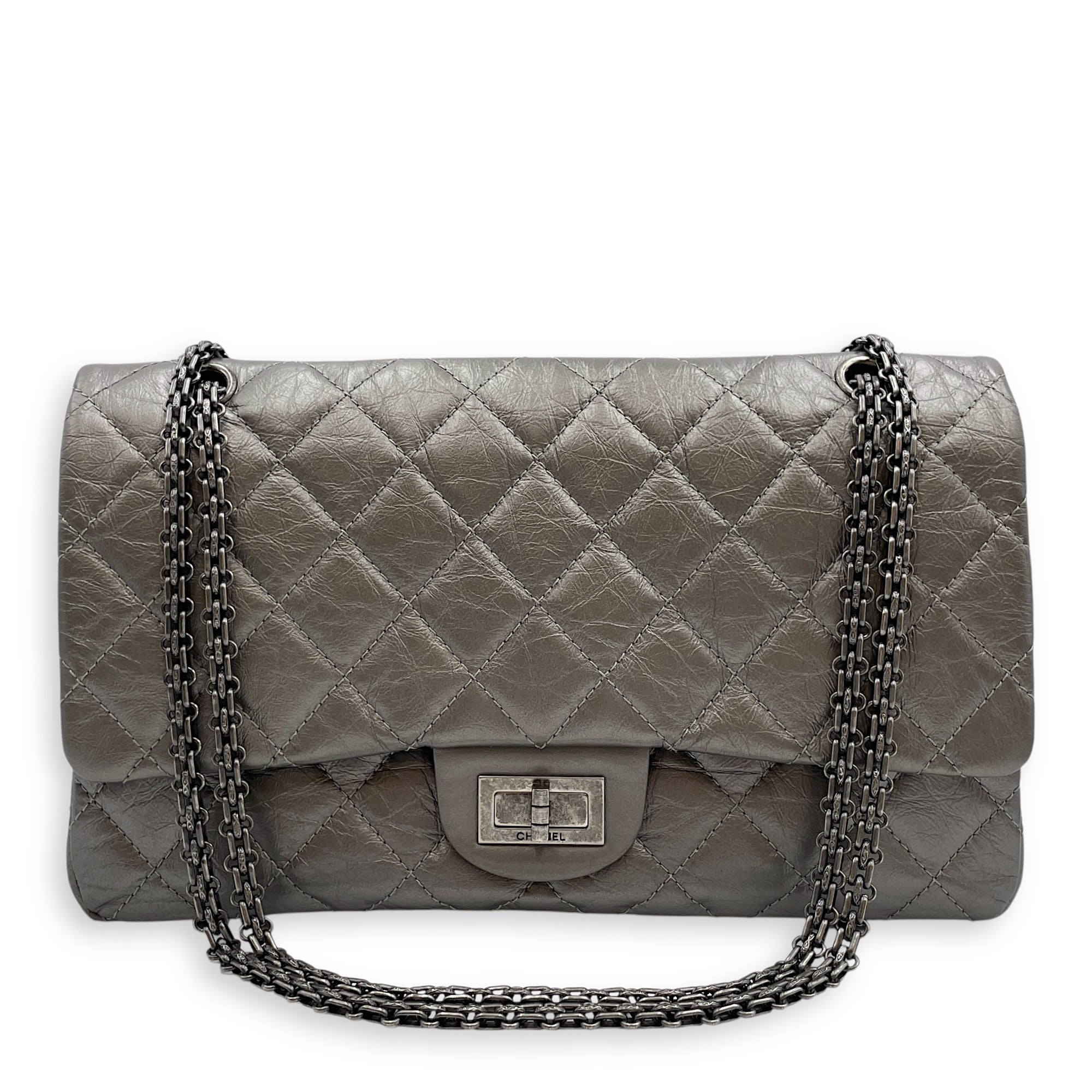 2.55 Reissue Silver Shoulder Bag in Distressed Leather, Ruthenium hardware