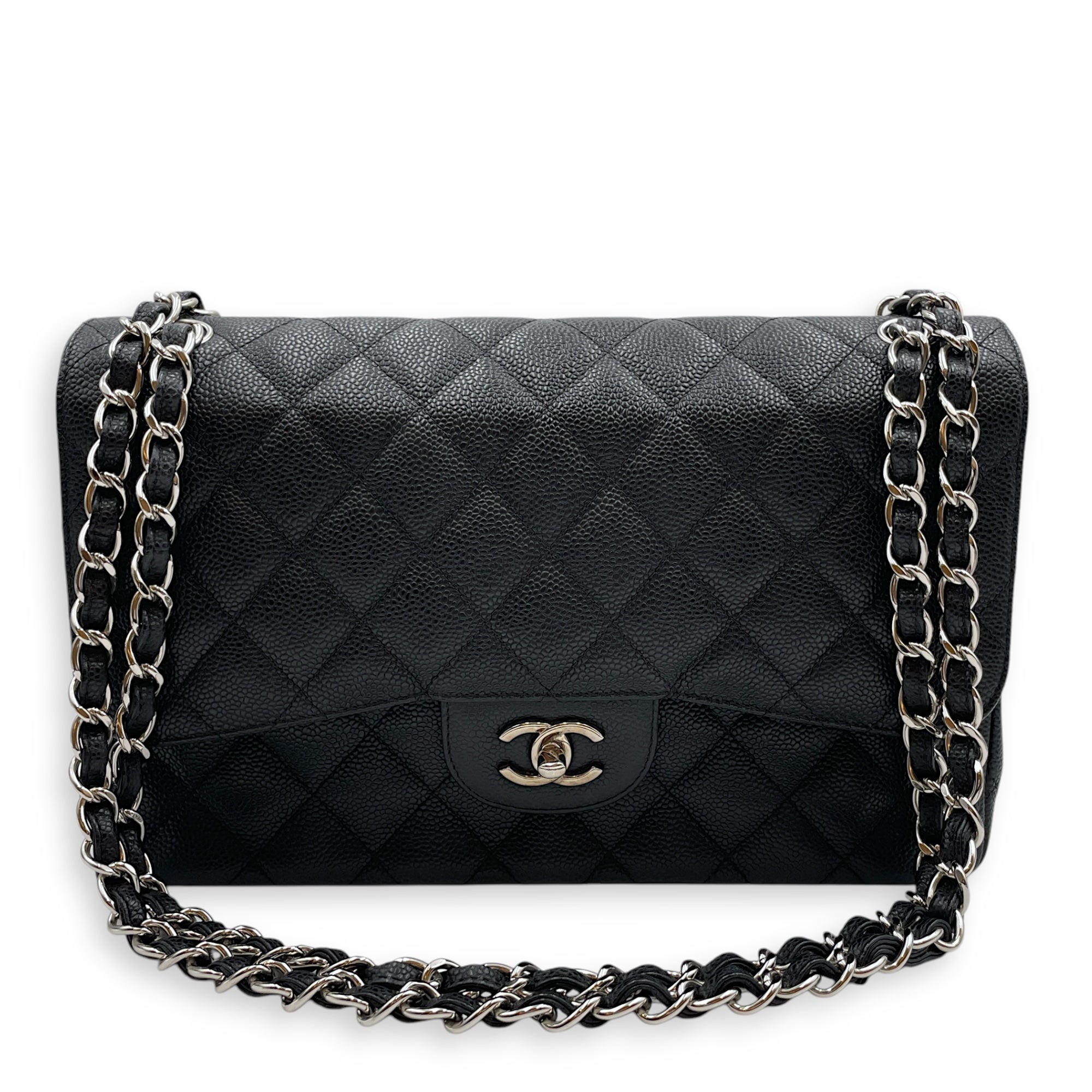 Classic Jumbo Black Shoulder Bag in Caviar Leather, Silver hardware