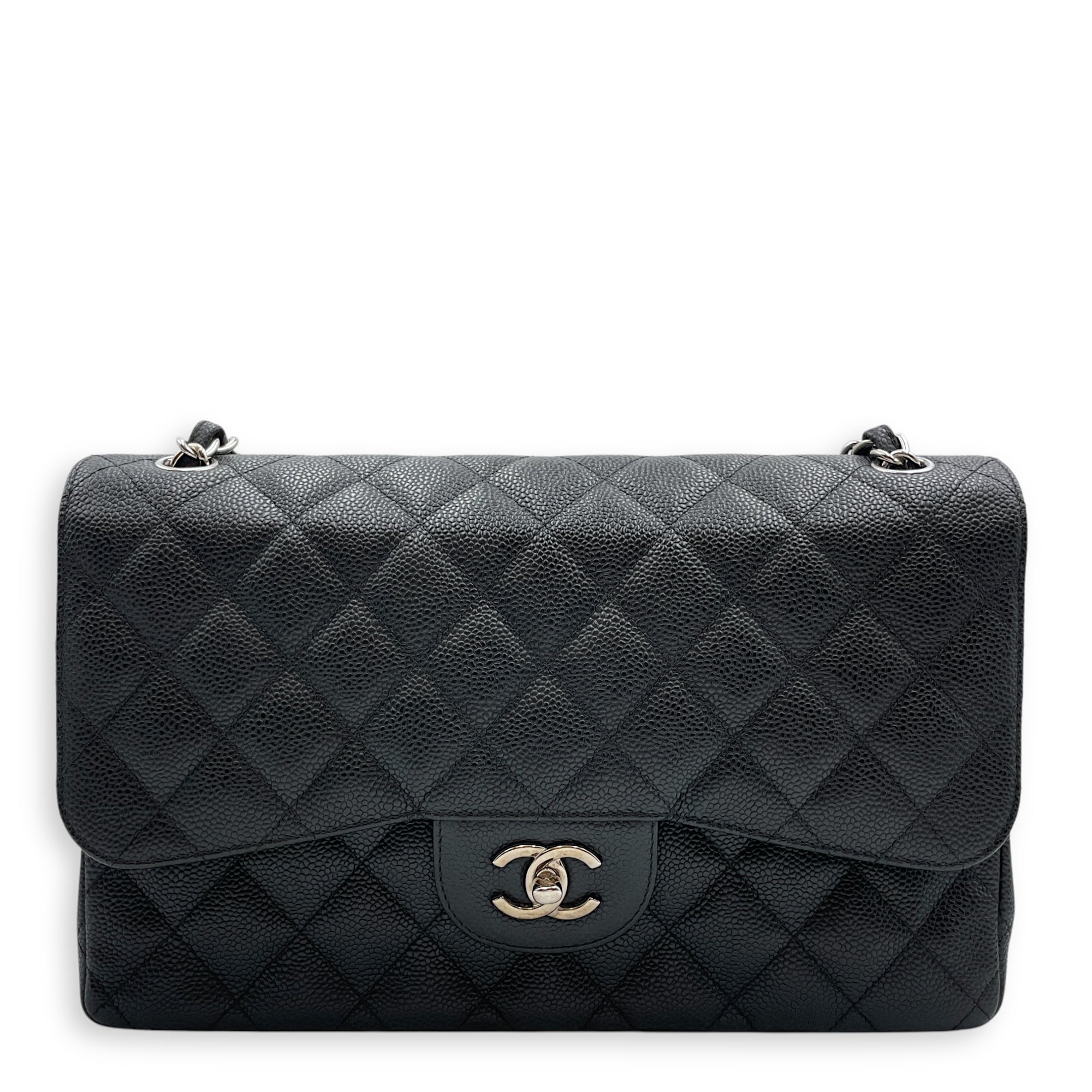 Classic Jumbo Black Shoulder Bag in Caviar Leather, Silver hardware