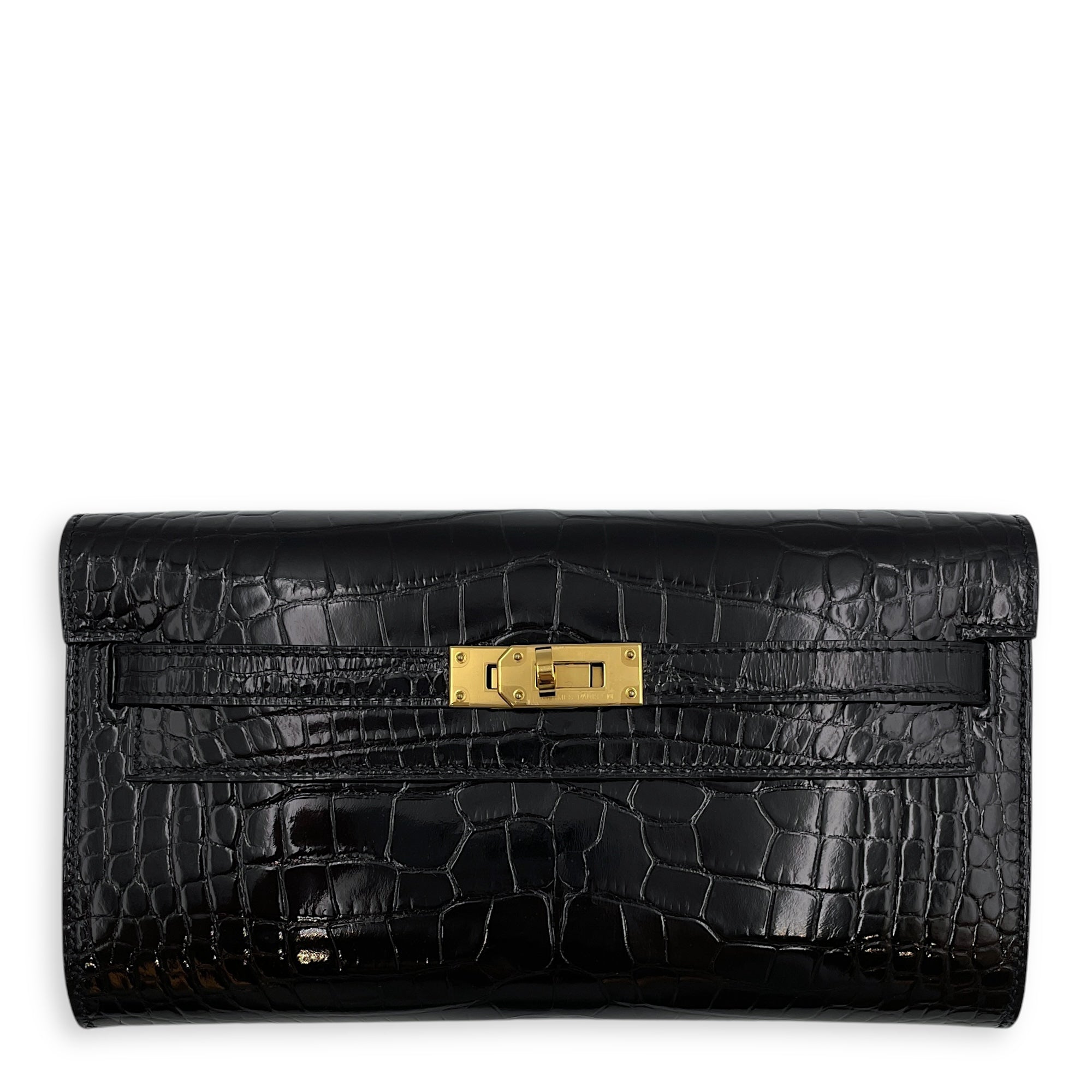 Kelly To Go Black in Shiny Alligator, Gold hardware