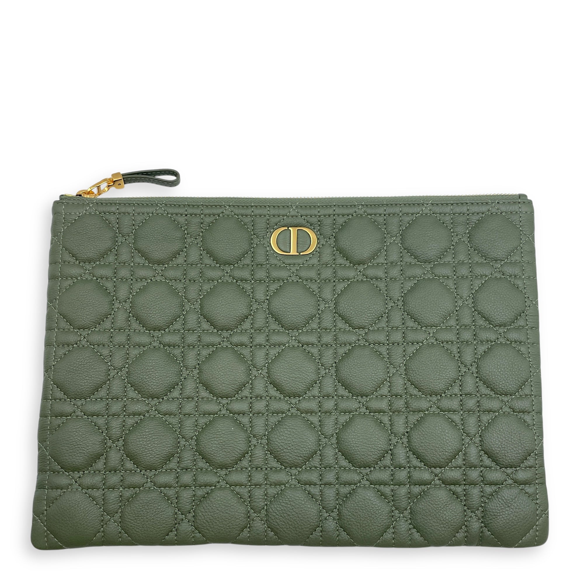Quilted Caro Zipped Green Clutch in Calfskin, Gold hardware