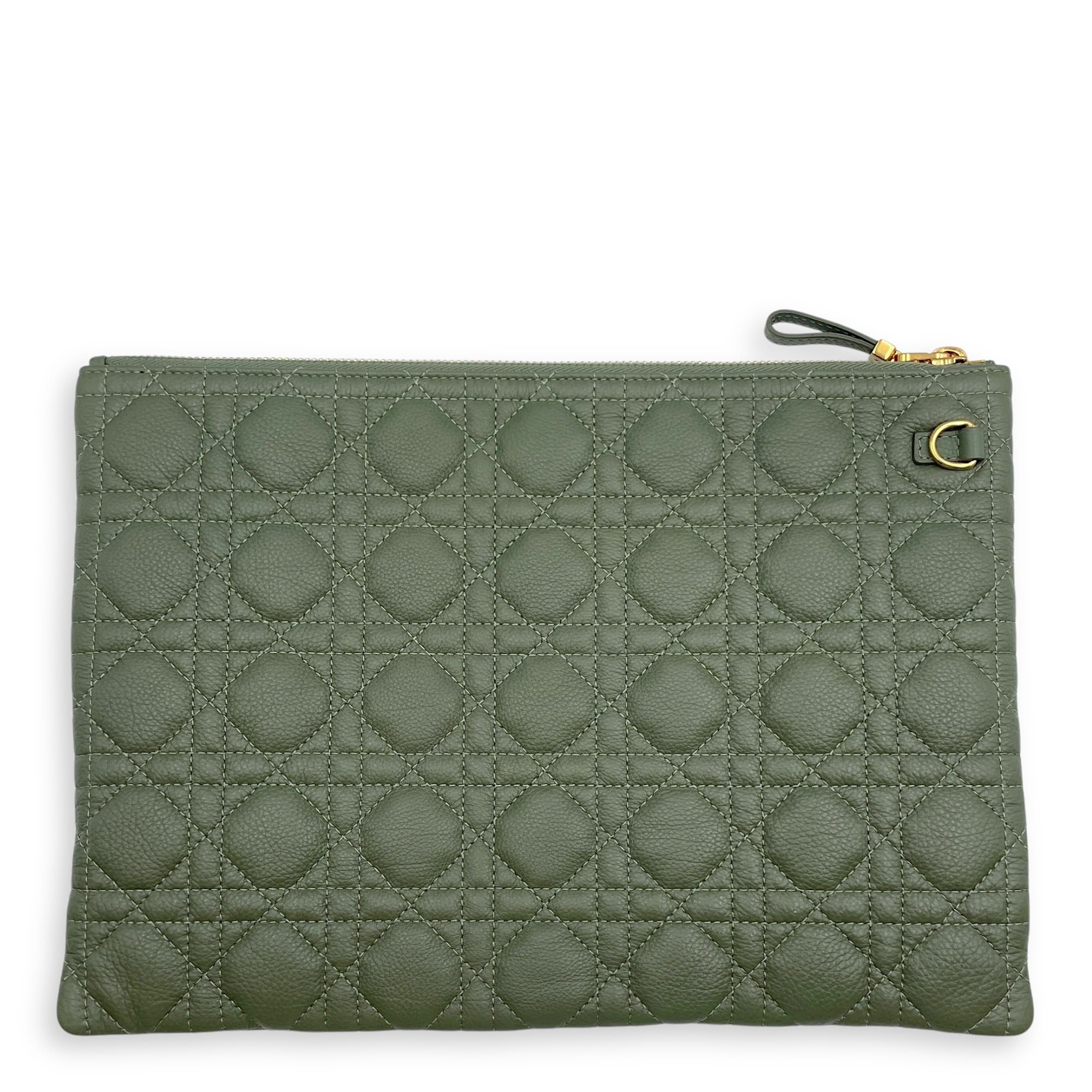 Quilted Caro Zipped Green Clutch in Calfskin, Gold hardware