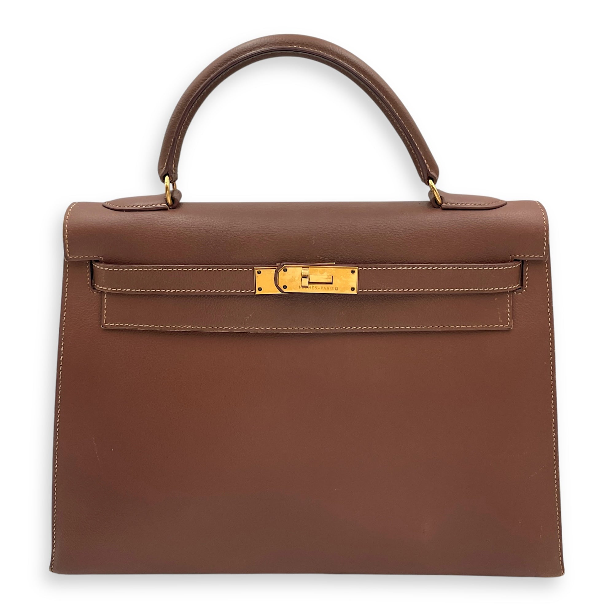 Sellier Kelly 32 Noisette in Veau Grain Lisse, Gold hardware