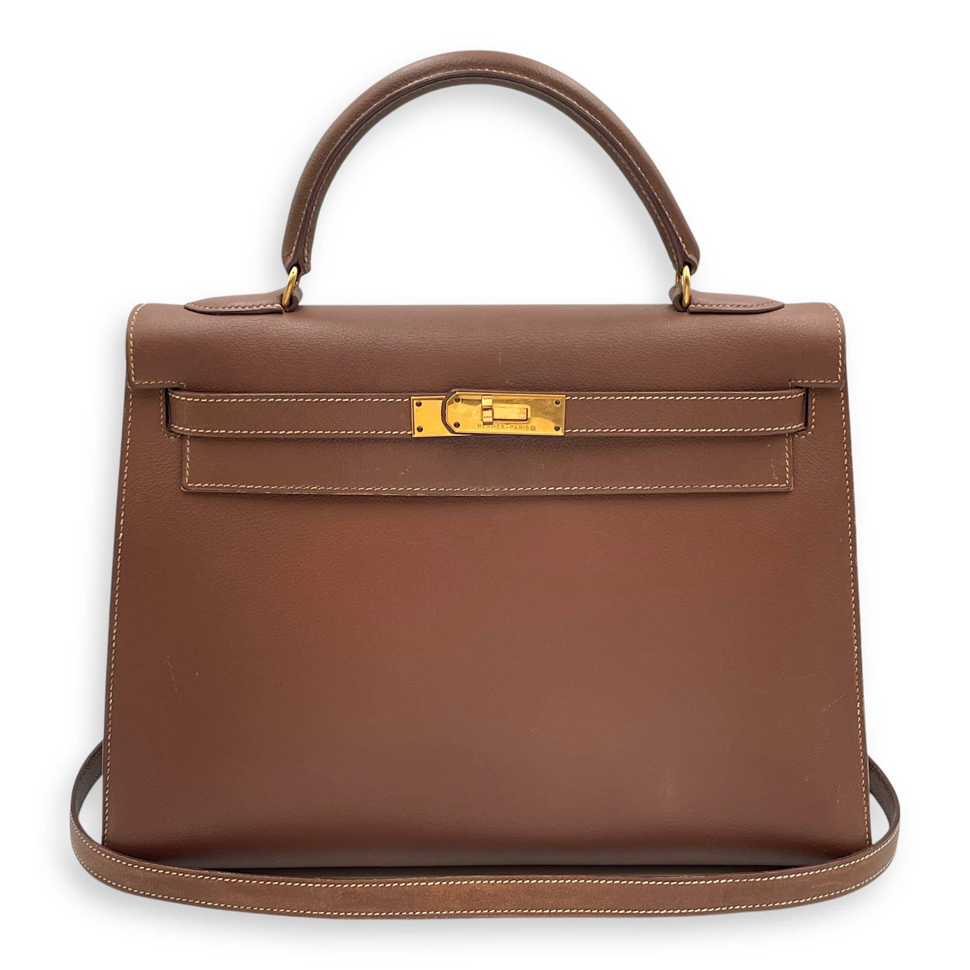 Sellier Kelly 32 Noisette in Veau Grain Lisse, Gold hardware