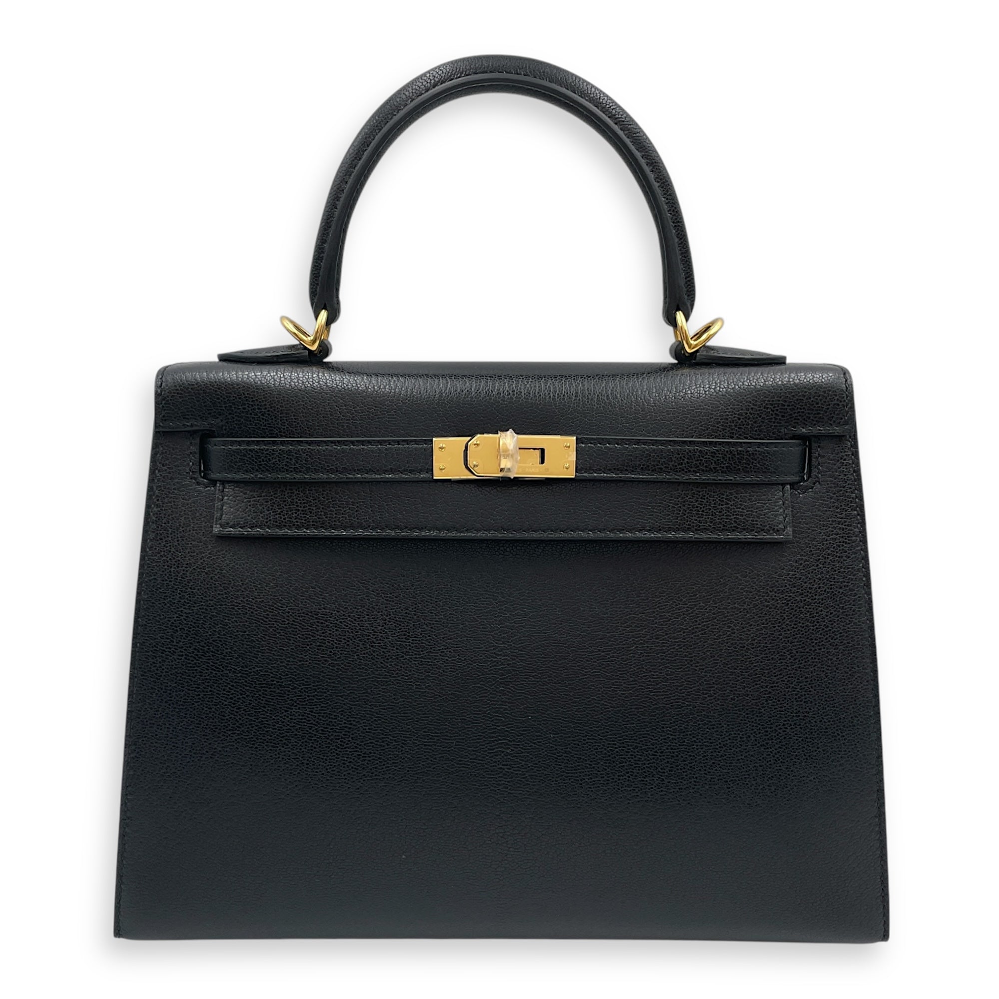 Sellier Kelly 25 Black in Chevre Chamkila, Gold hardware