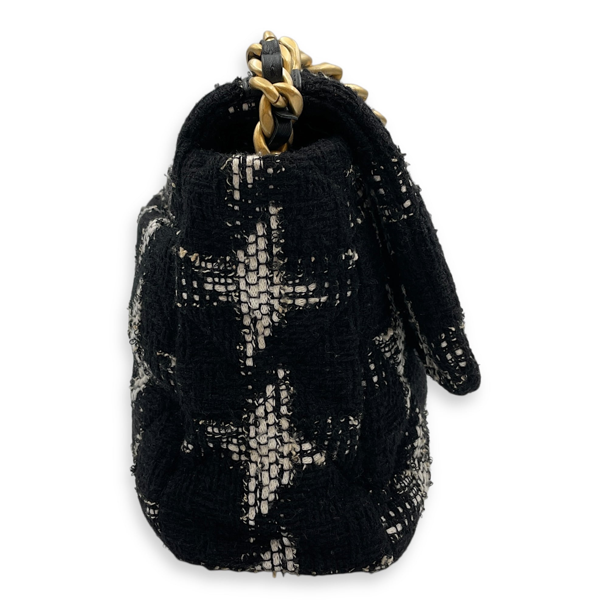Quilted Large Black/White Shoulder Bag in Tweed, Gold hardware