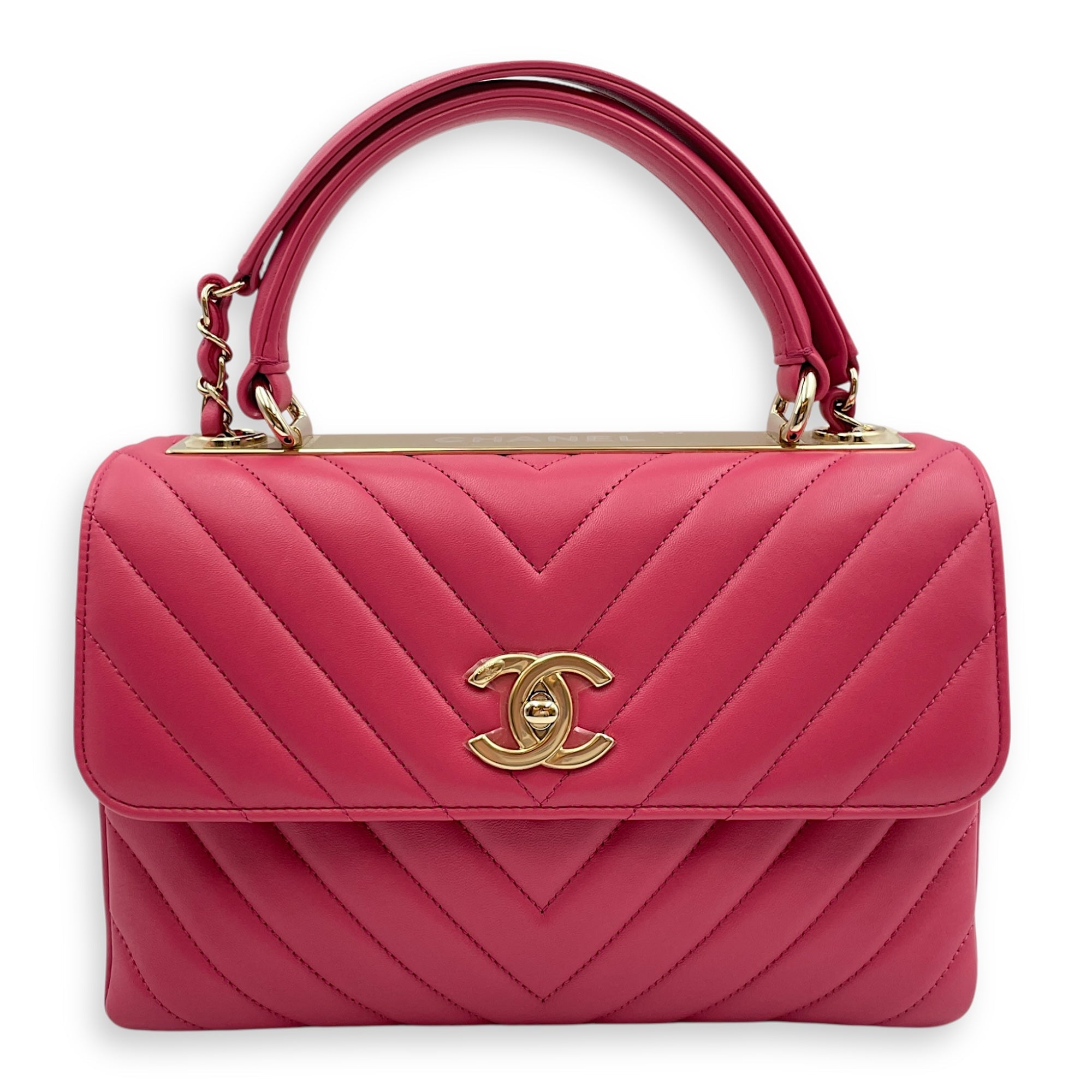Trendy CC Small Pink Top Handle Bag in Calfskin, Gold hardware