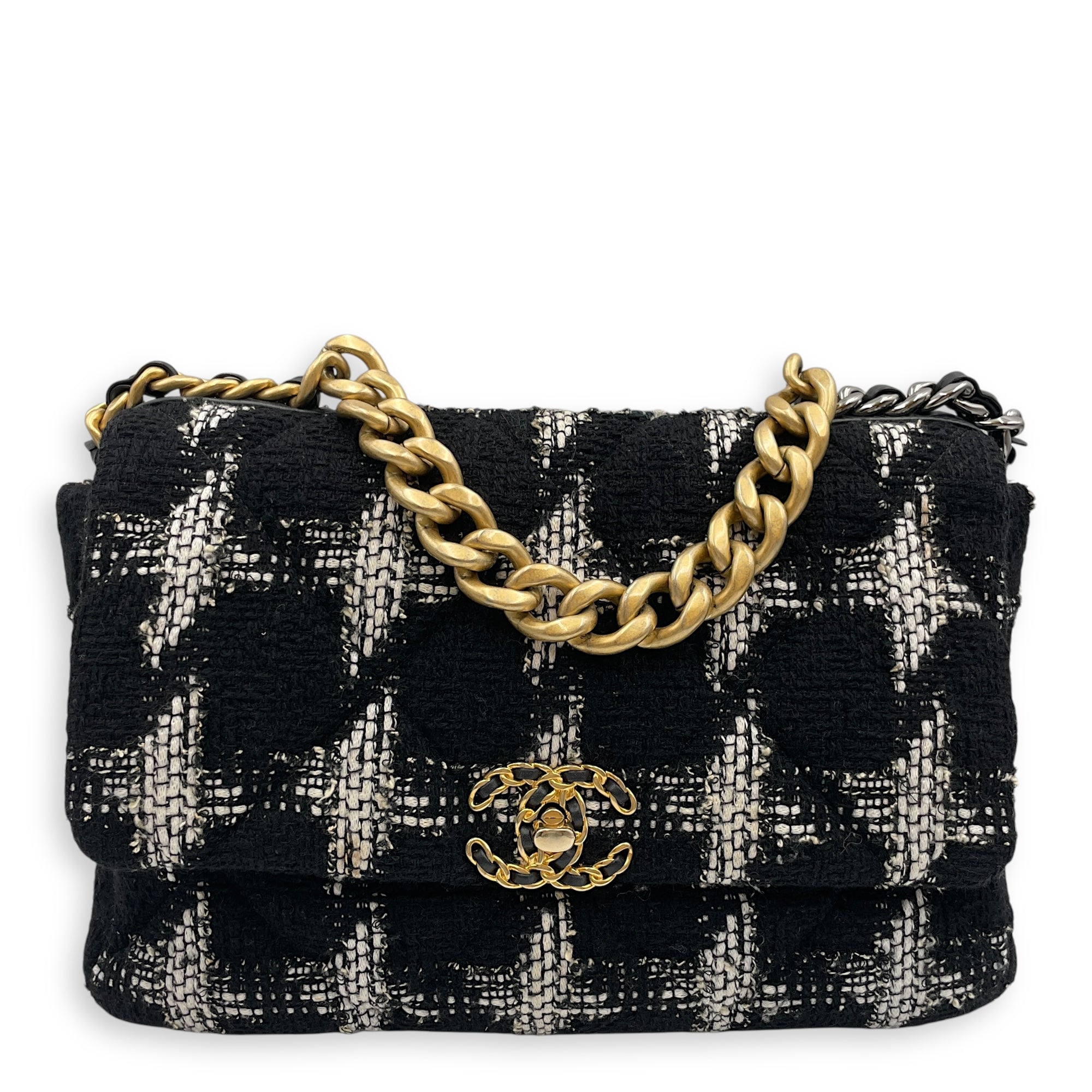Quilted Large Black/White Shoulder Bag in Tweed, Gold hardware