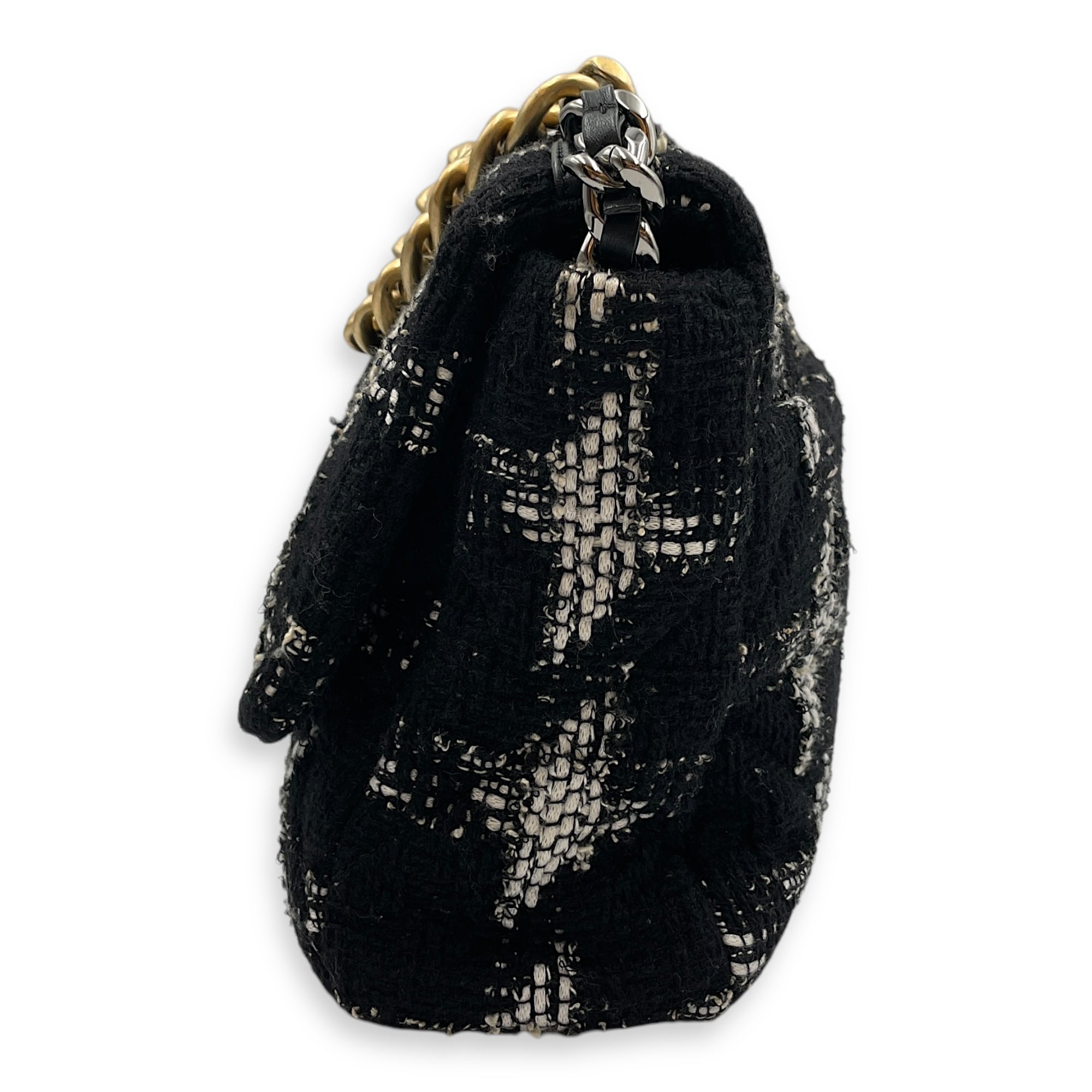 Quilted Large Black/White Shoulder Bag in Tweed, Gold hardware