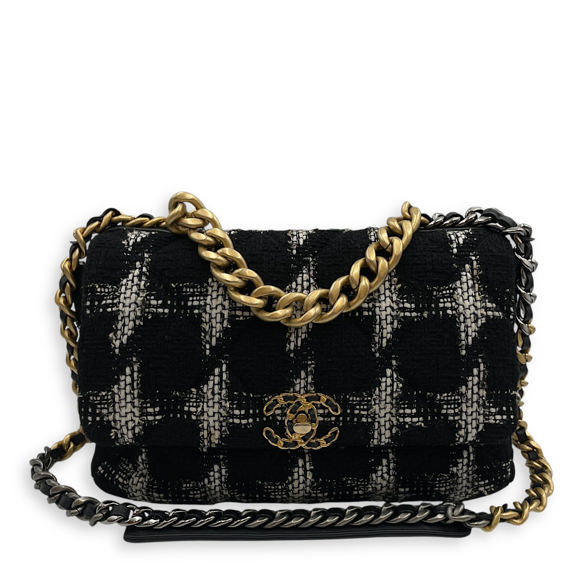 Quilted Large Black/White Shoulder Bag in Tweed, Gold hardware