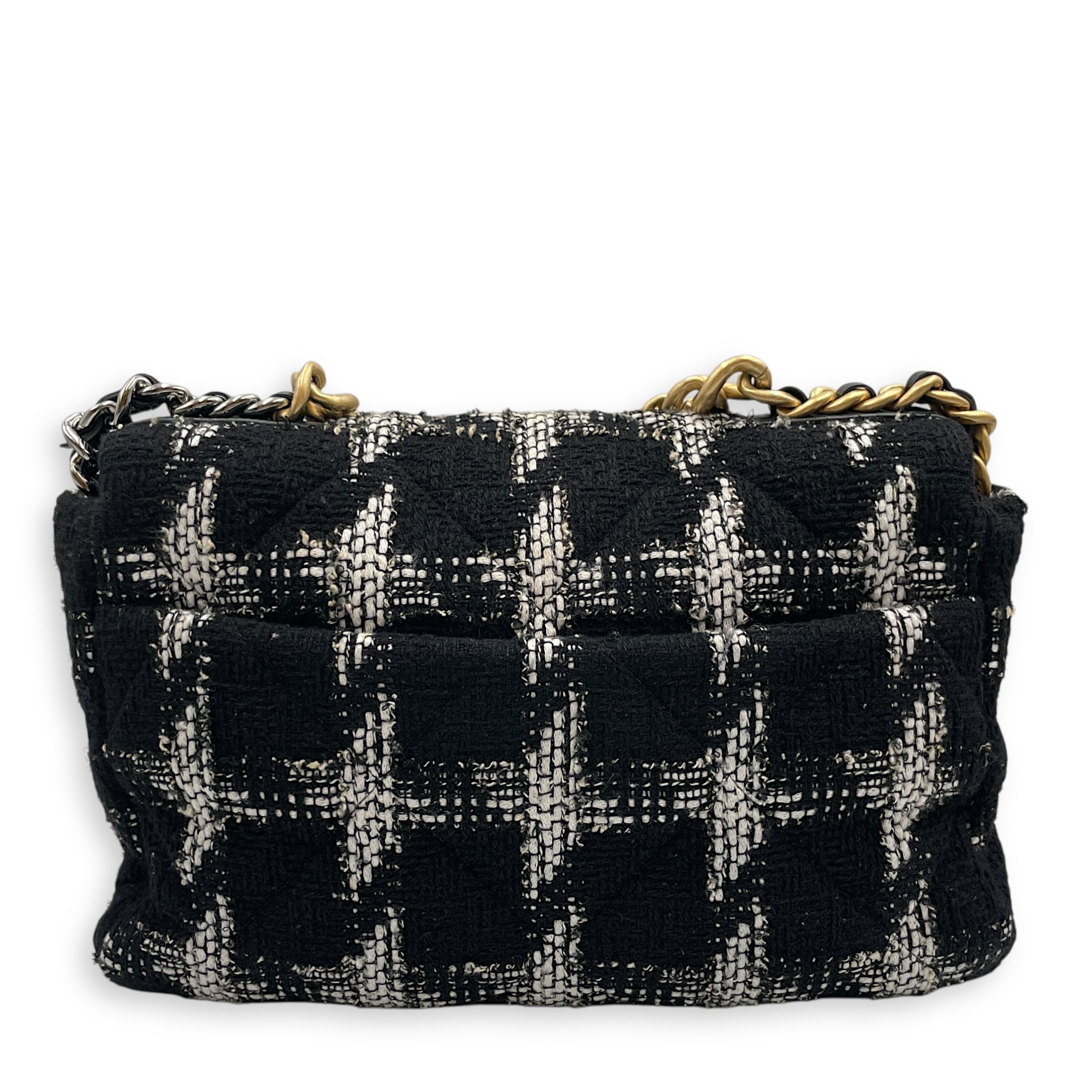 Quilted Large Black/White Shoulder Bag in Tweed, Gold hardware