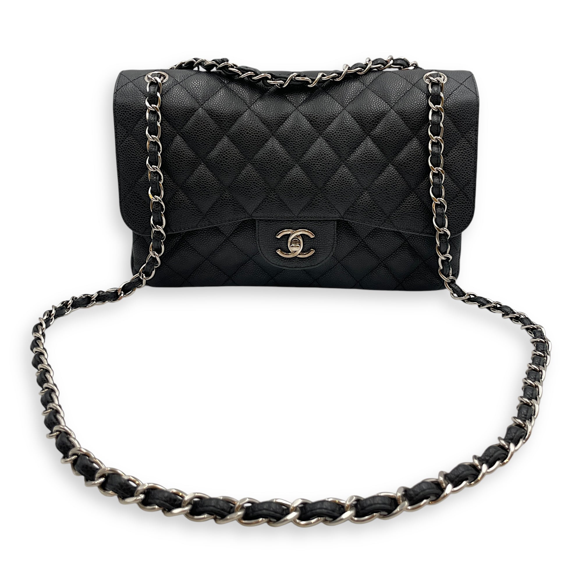 Classic Jumbo (DF) Black Shoulder Bag in Caviar Leather, Silver hardware