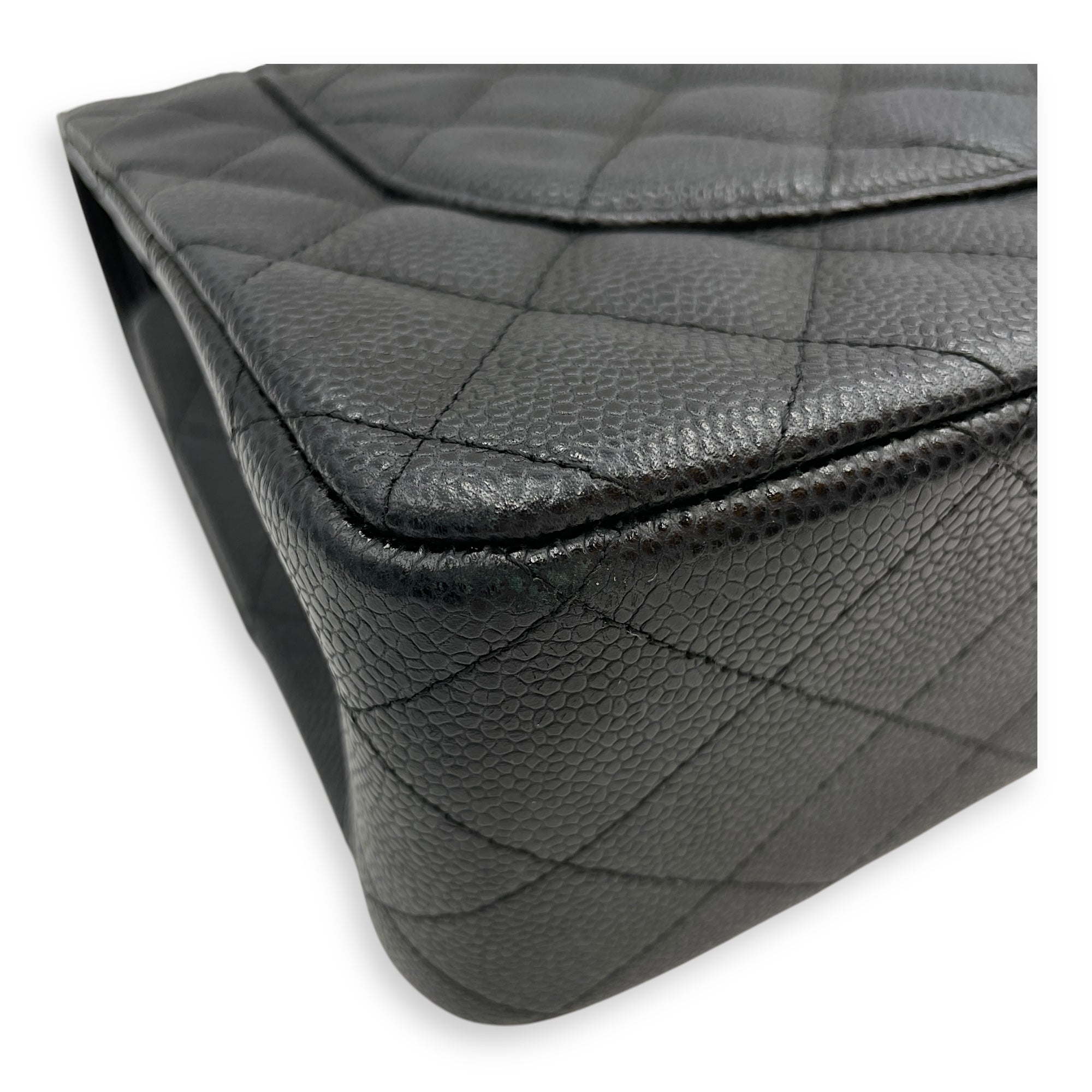Classic Jumbo (DF) Black Shoulder Bag in Caviar Leather, Silver hardware