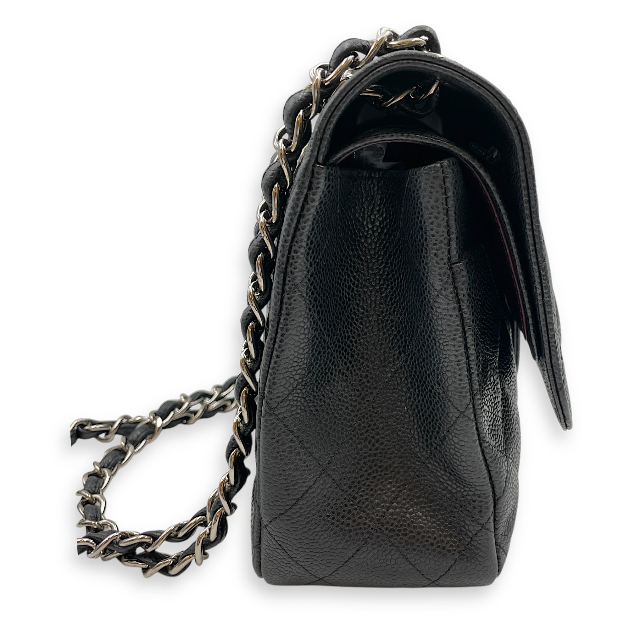 Classic Jumbo (DF) Black Shoulder Bag in Caviar Leather, Silver hardware