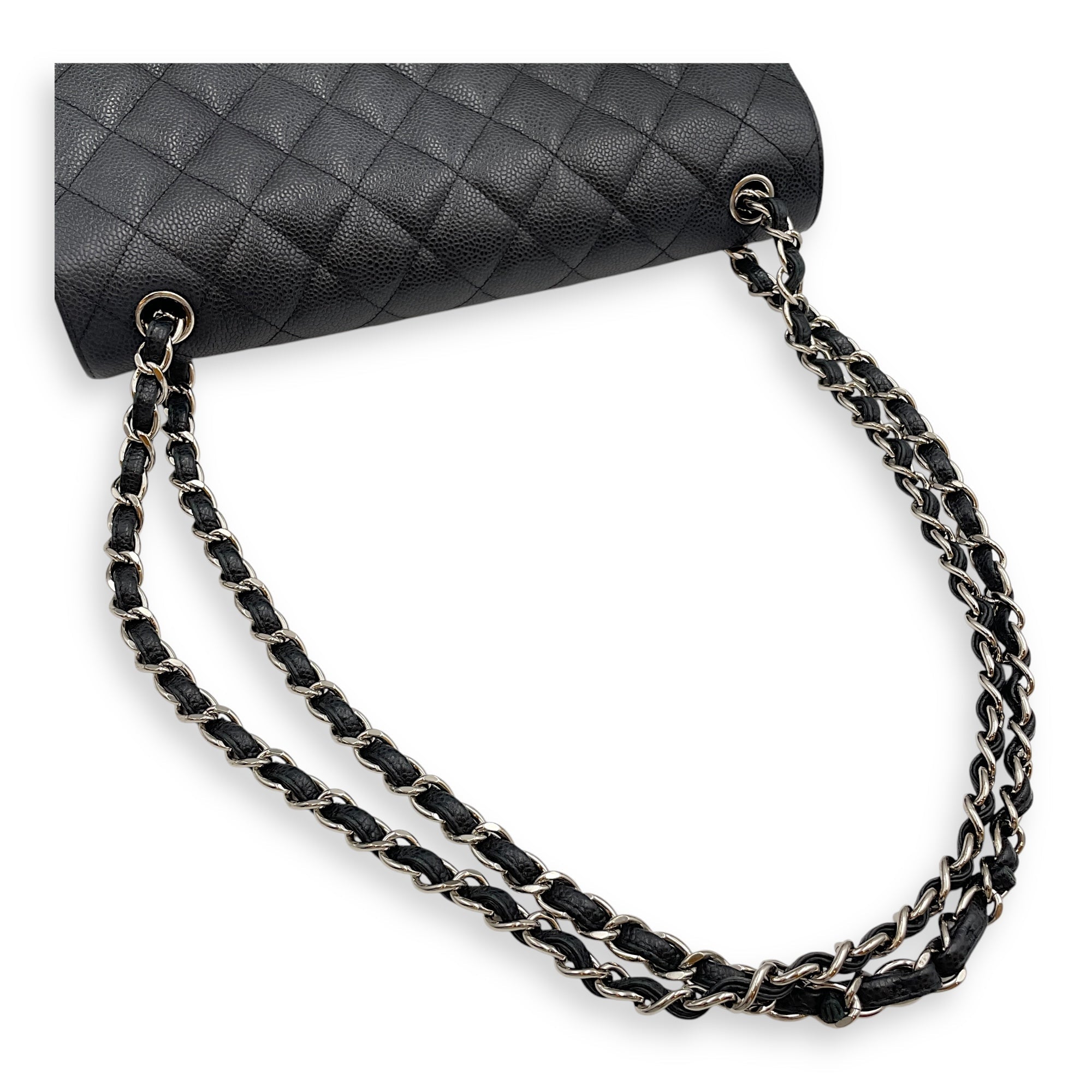 Classic Jumbo (DF) Black Shoulder Bag in Caviar Leather, Silver hardware