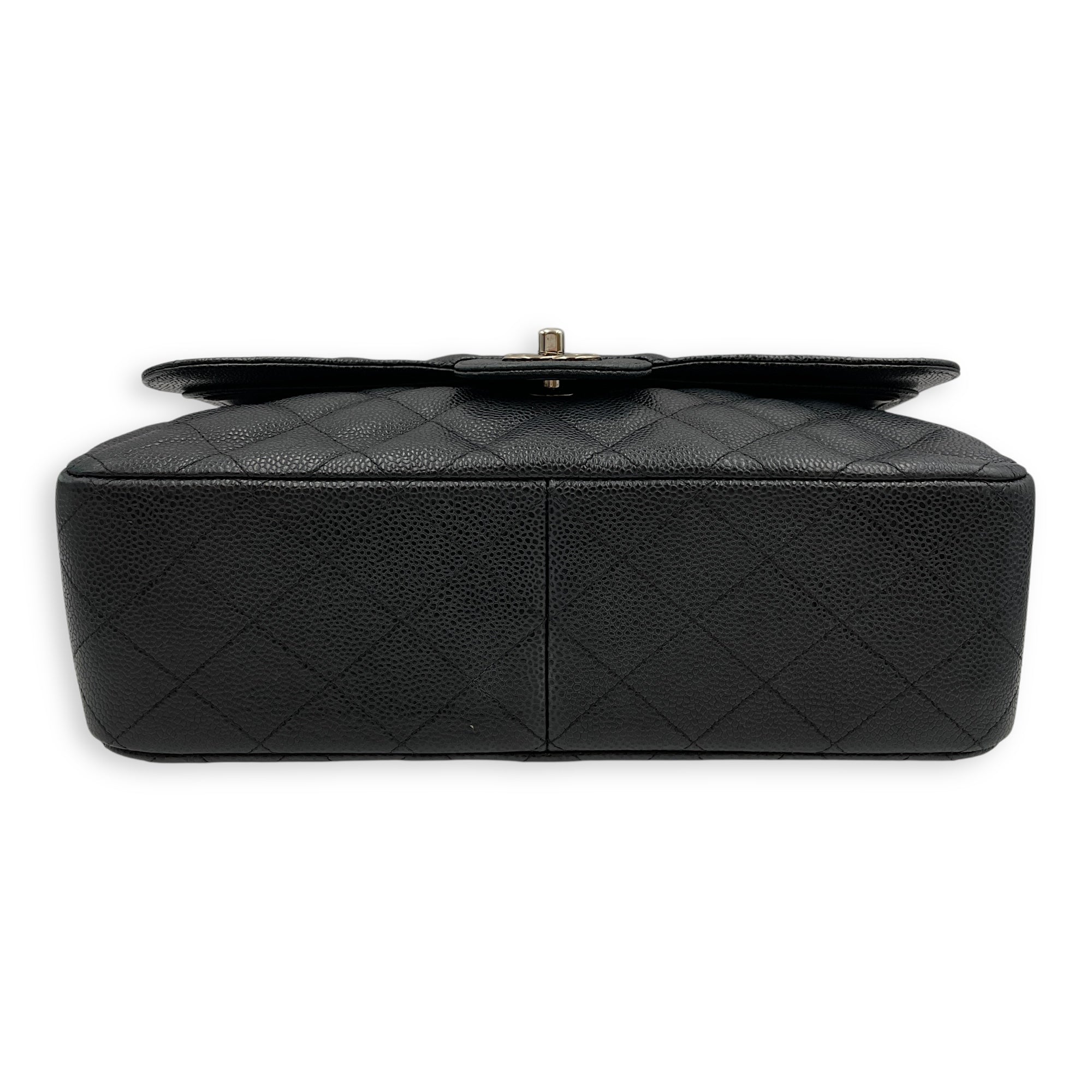 Classic Jumbo (DF) Black Shoulder Bag in Caviar Leather, Silver hardware